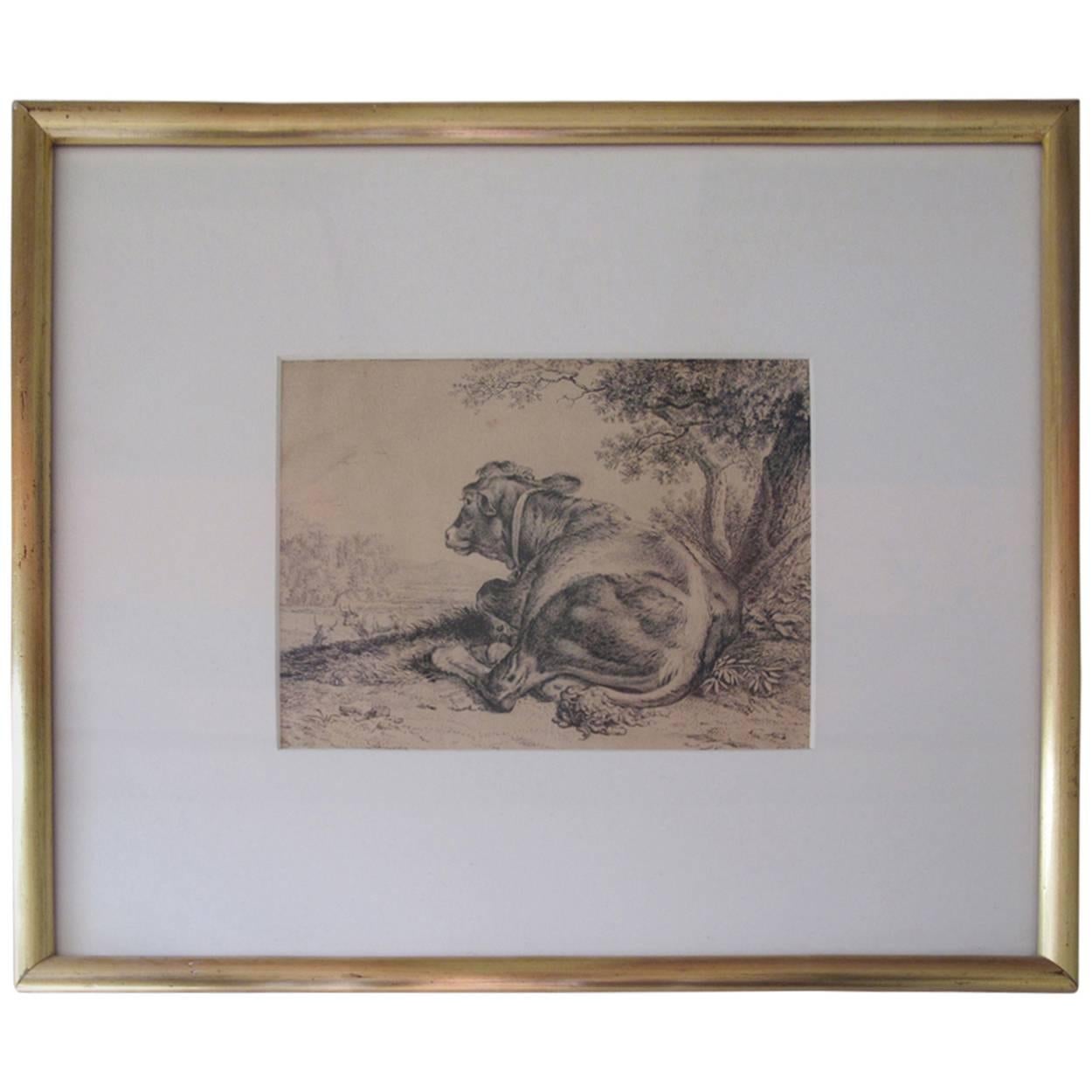 19th Century European Pen and Ink, Cow Reclining Beneath a Tree