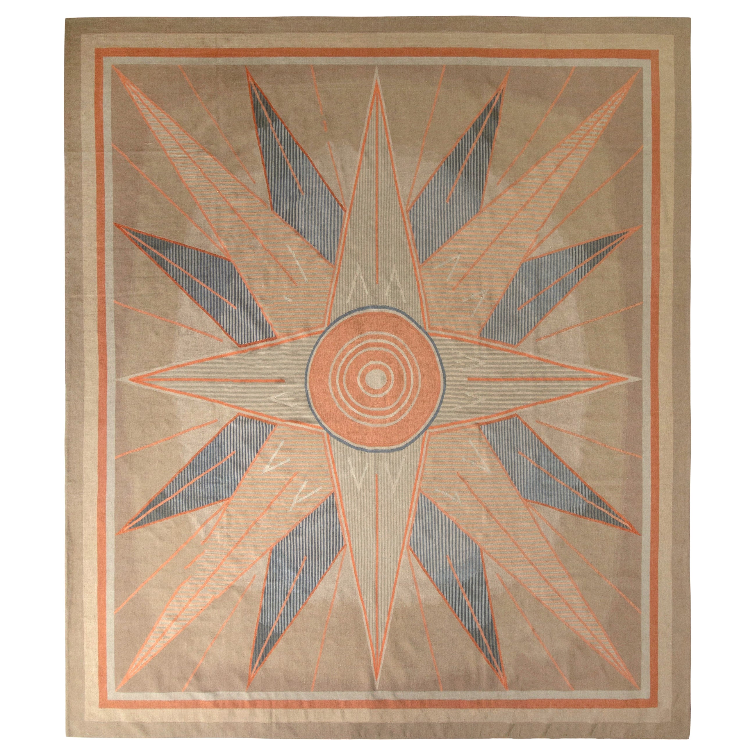 Rug & Kilim's French Art Deco Style Flat Weave in Beige-Brown and Blue Medallion (en anglais) en vente