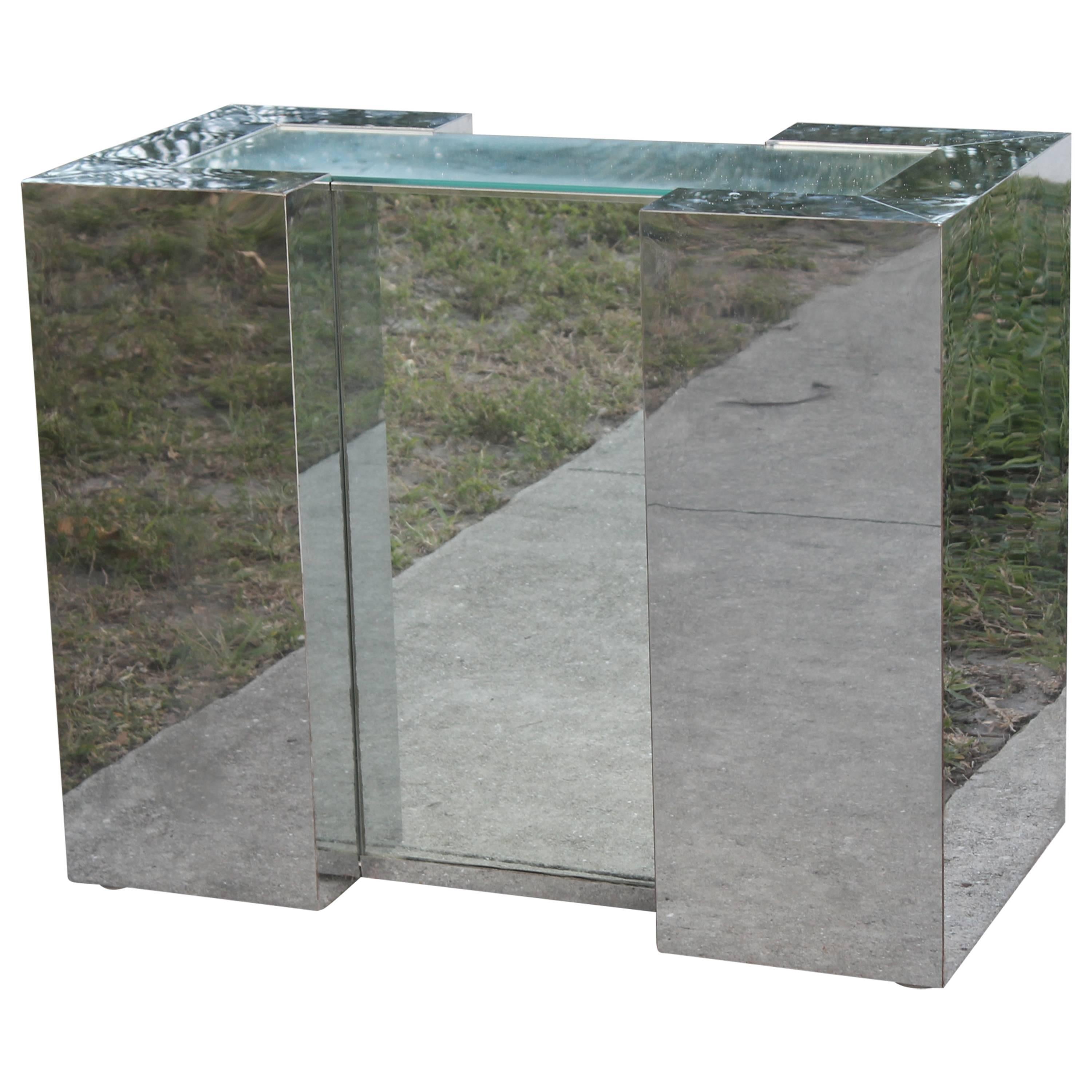 Mirrored Chrome Desk Console or Dining Table Base in the Style of Milo Baughman