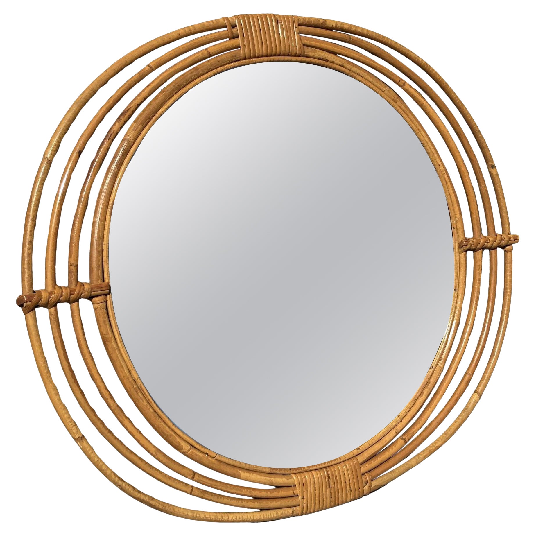 Restored Rattan Oval Hand Woven Wall Mirror with Reed Rattan Frame For Sale