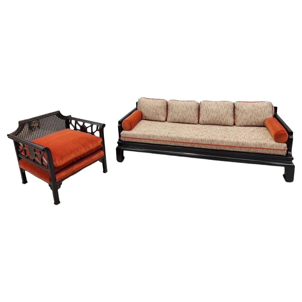 Mid Century Modern Baker Style Black Ming Sofa & Chair Custom Upholstered For Sale