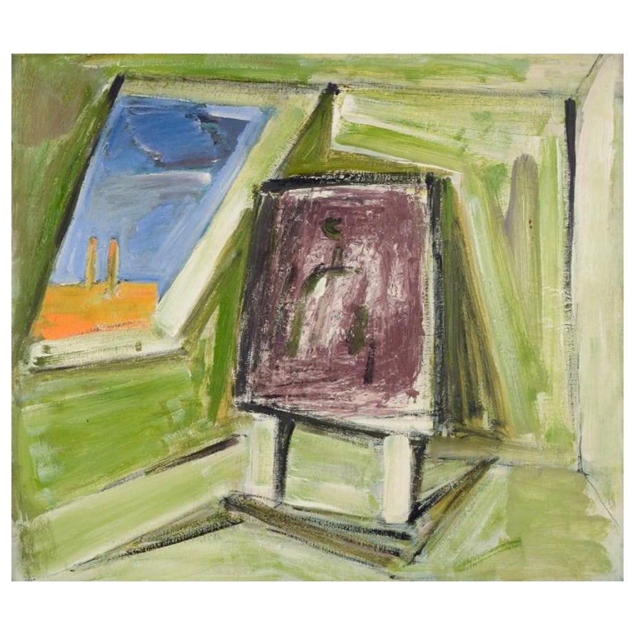 Pär Lindblad. Oil on canvas. Modernist composition. Studio interior. For Sale