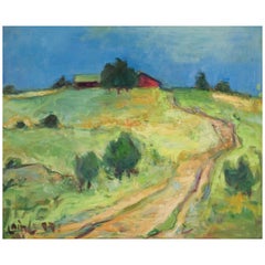 Artiste suédois. Huile sur toile. Paysage de campagne moderniste.