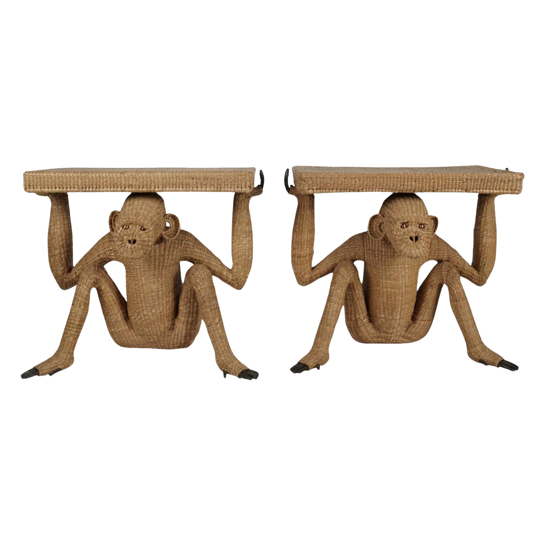Mario Lopez Torres Pair Rattan and Brass Monkey Console Tables For Sale