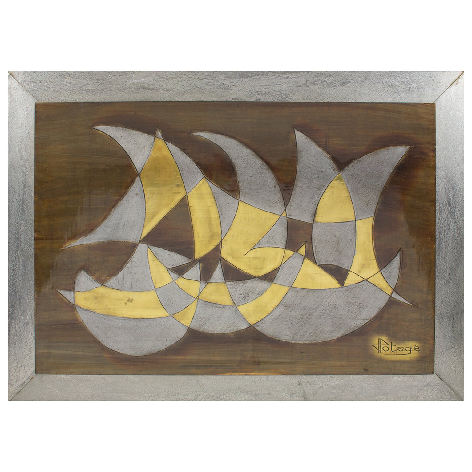 French Artist Jacques Potage Brutalist Metal Wall Art Sculpture Panel, 1970s For Sale