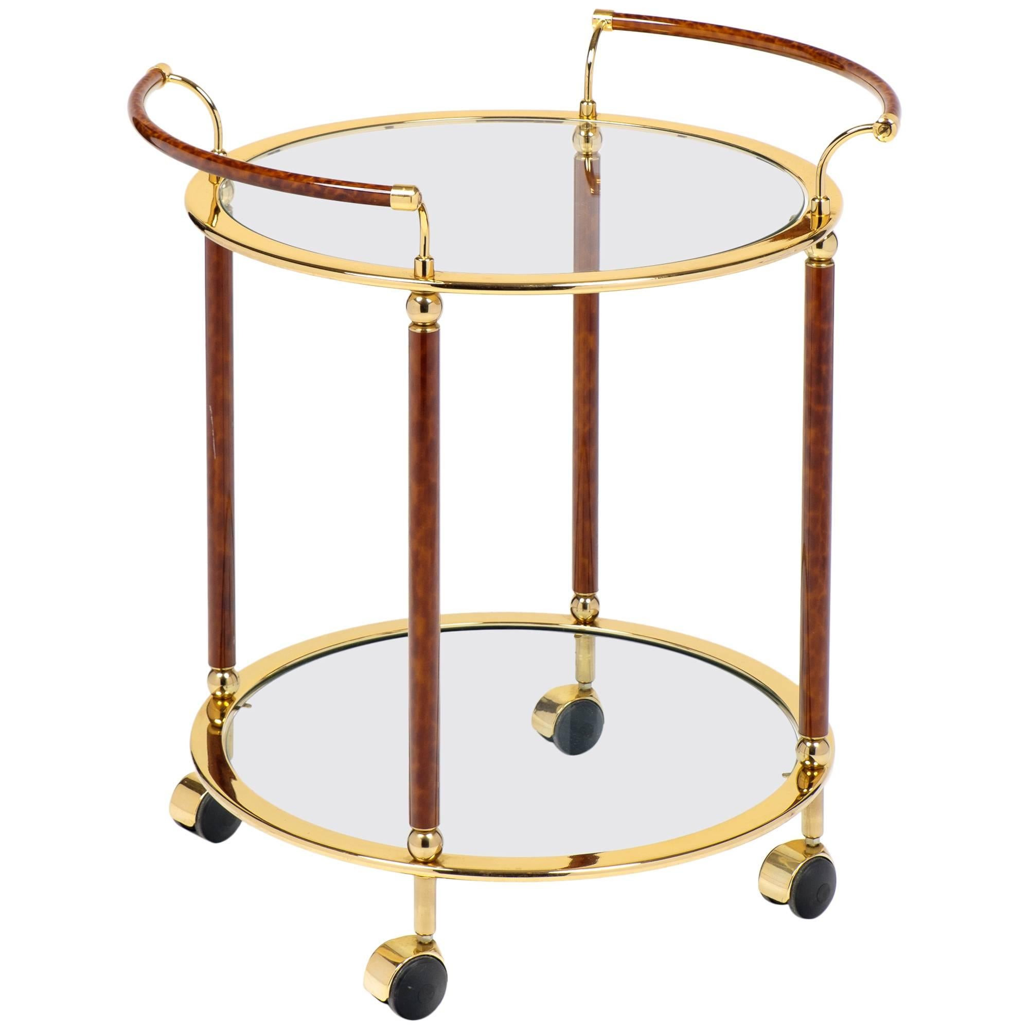 Vintage French Round Brass Glass Top Bar Cart by Maison Lancel