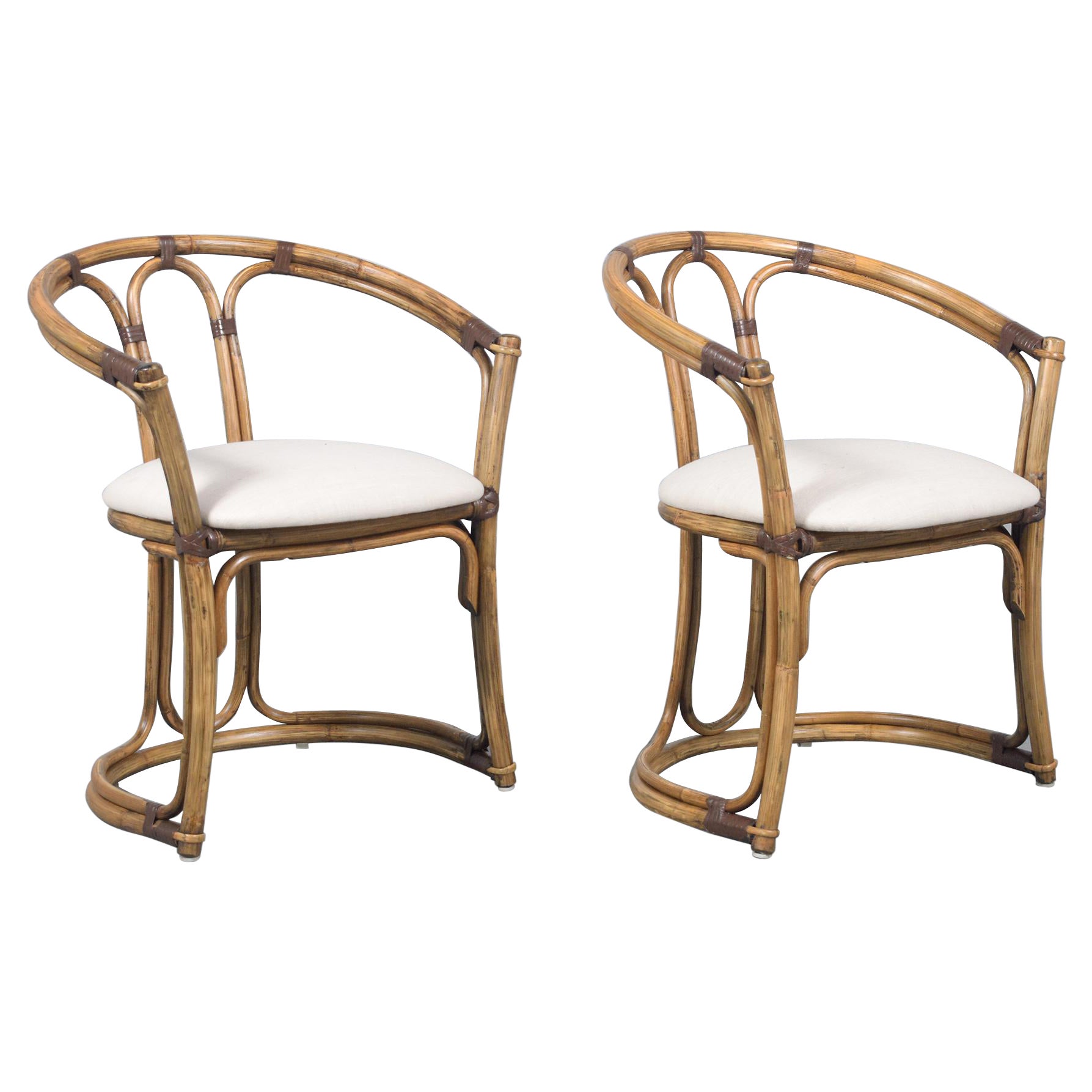 Restored Vintage Pair of Bamboo Barrel Chairs with Ivory Fabric For Sale