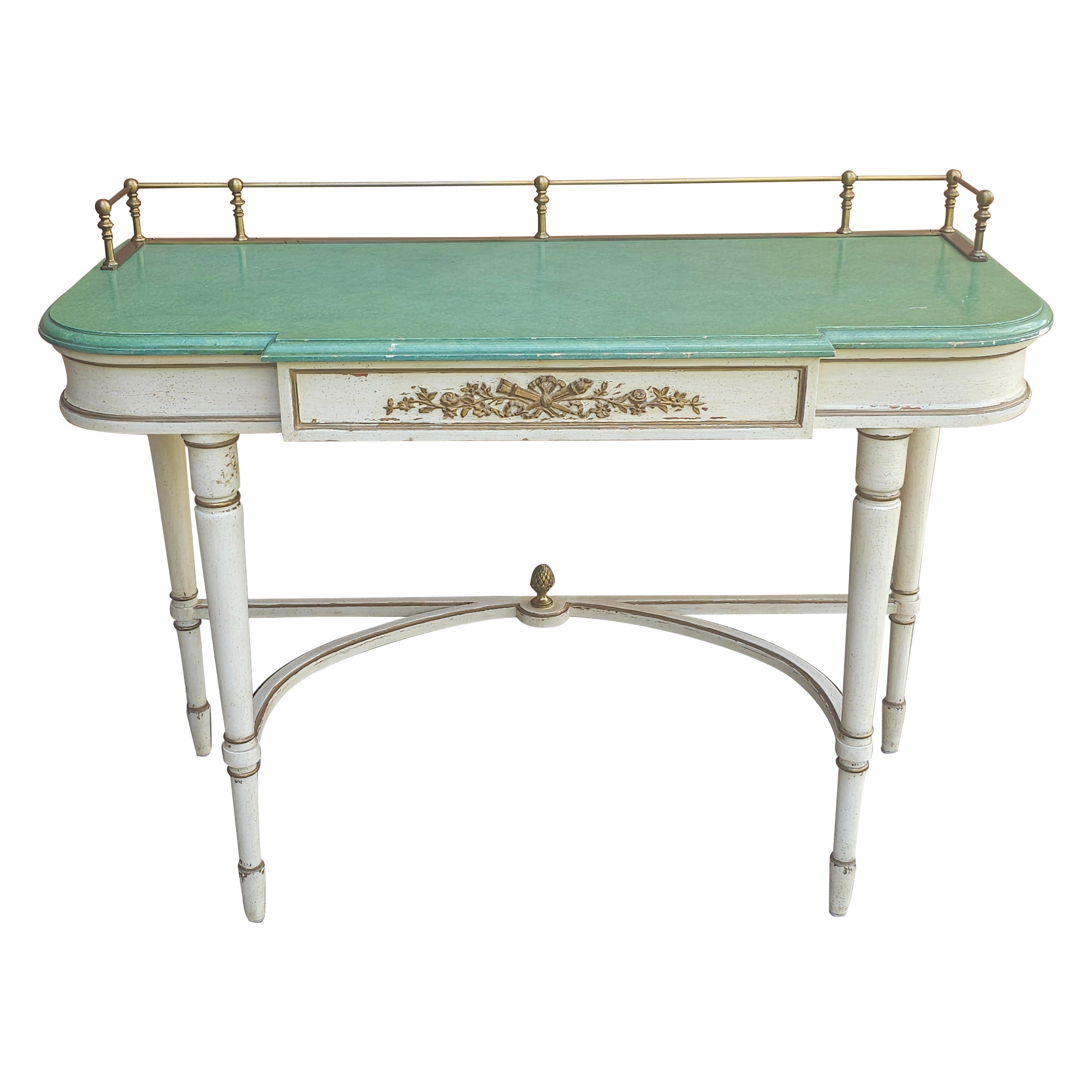 Louis XVI Style Partial Gilt, Cream and Green Enamel Painted Console Table For Sale