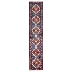Vintage Persian Carpet Runner, Blue Geometric Medallion Traditional Runner Rug