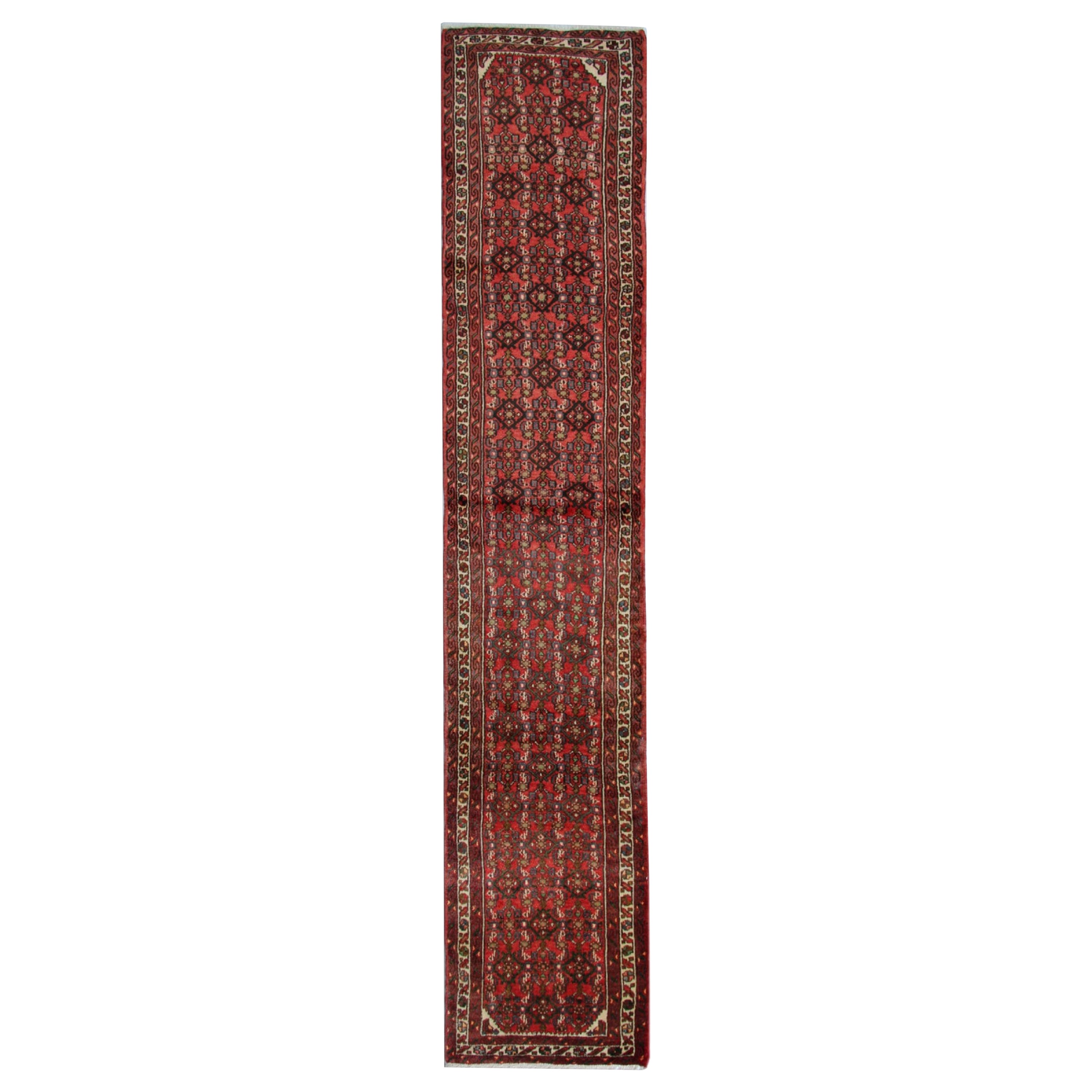 Vintage Geometric Runner Rug, Burgandy Red Carpet Runner, Wool Rug For Sale