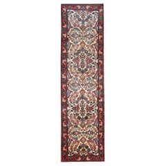 Vintage Cream Runner Rug, Floral Persian Wool Carpet Runner