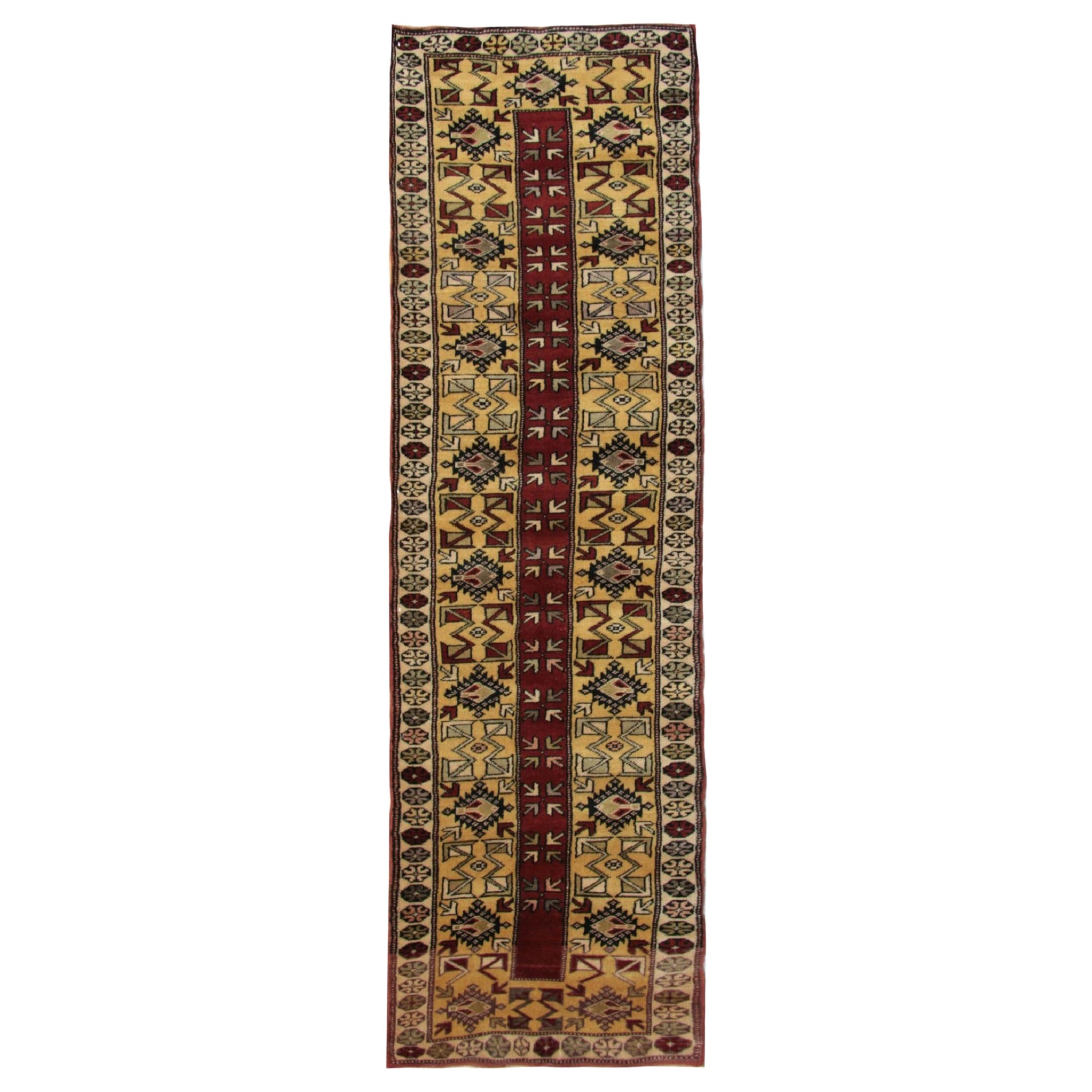 Türkischer Milas-Läufer, geometrischer Vintage-Läufer, roter Teppich, Wollteppich im Angebot