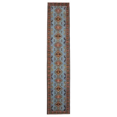 Persischer blauer geometrischer Vintage-Läufer, Wollteppich