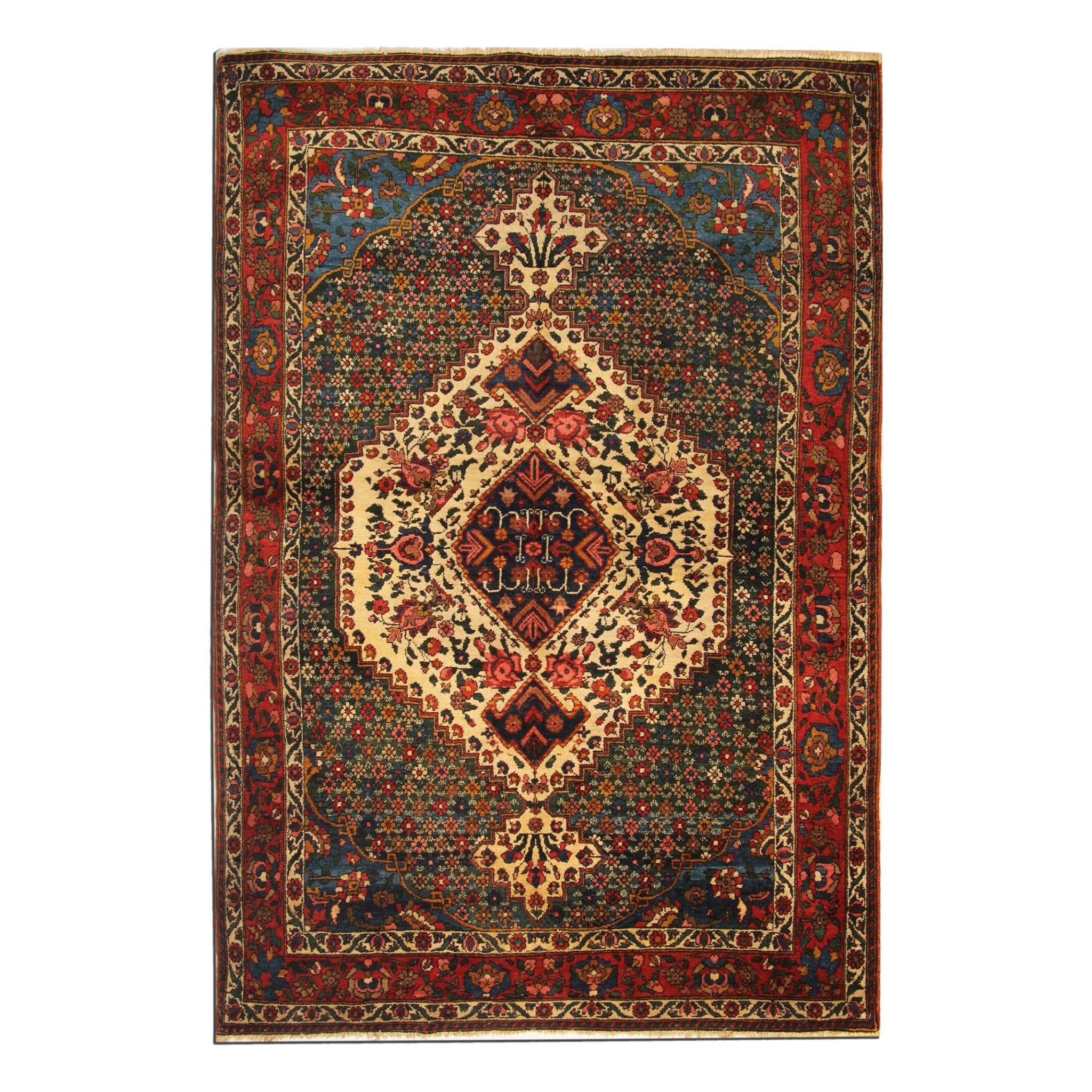Antique Turkish Rug Green Bakhtiyar Carpet, Handmade Carpet Oriental Rugs Sale For Sale