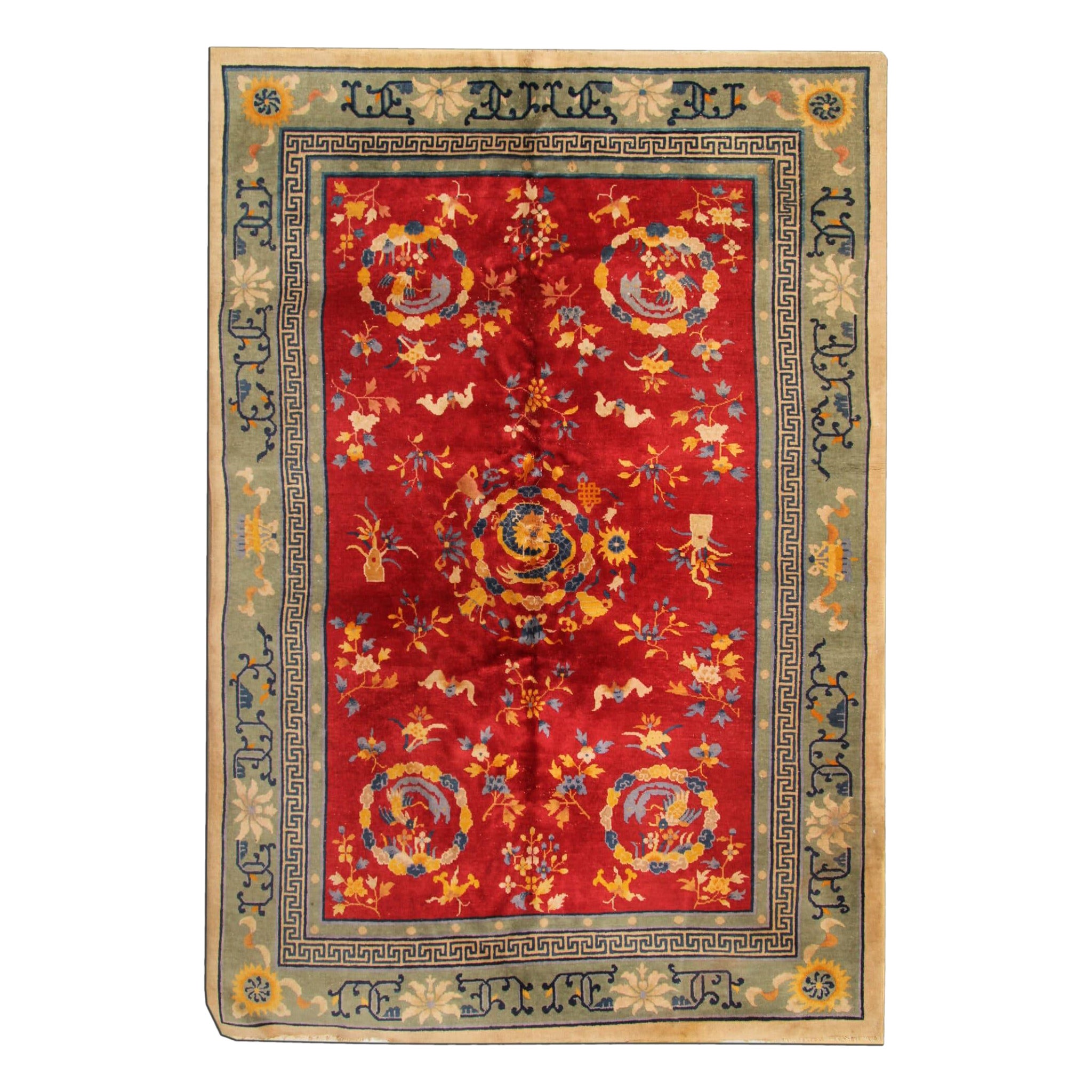 Roter antiker Teppich, Art Deco Vintage Teppich Orientalische handgefertigte Teppiche Chinesische Teppiche im Angebot
