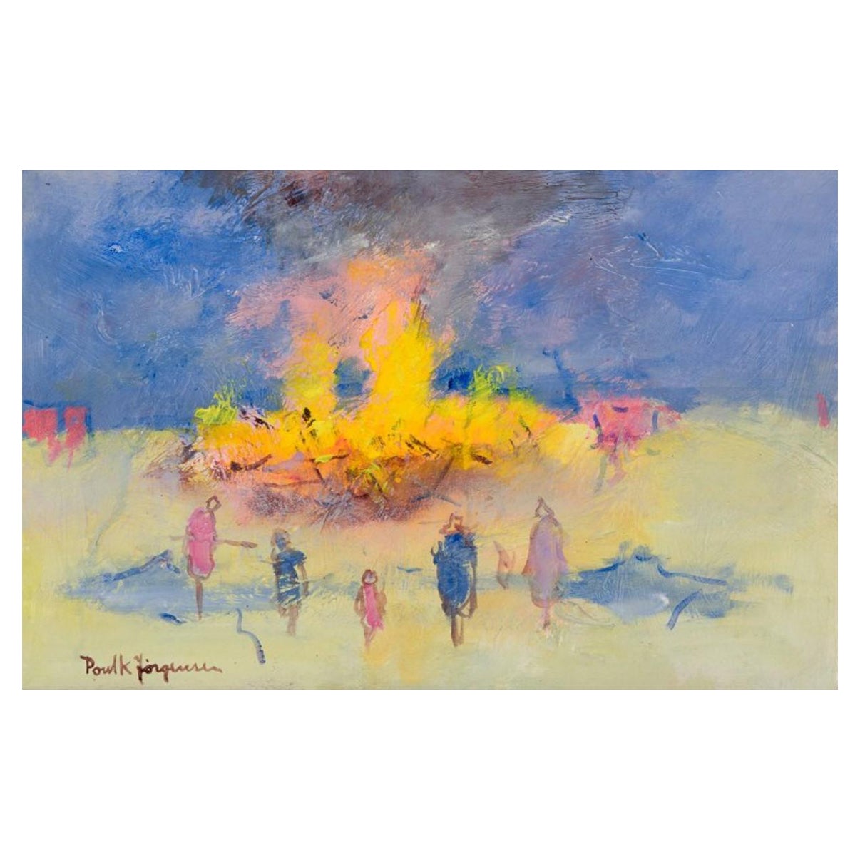 Poul K. Jörgensen.  Oil on board. Valborg´s Eve with people by the bonfire