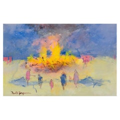 Poul K. Jörgensen.  Oil on board. Valborg´s Eve with people by the bonfire