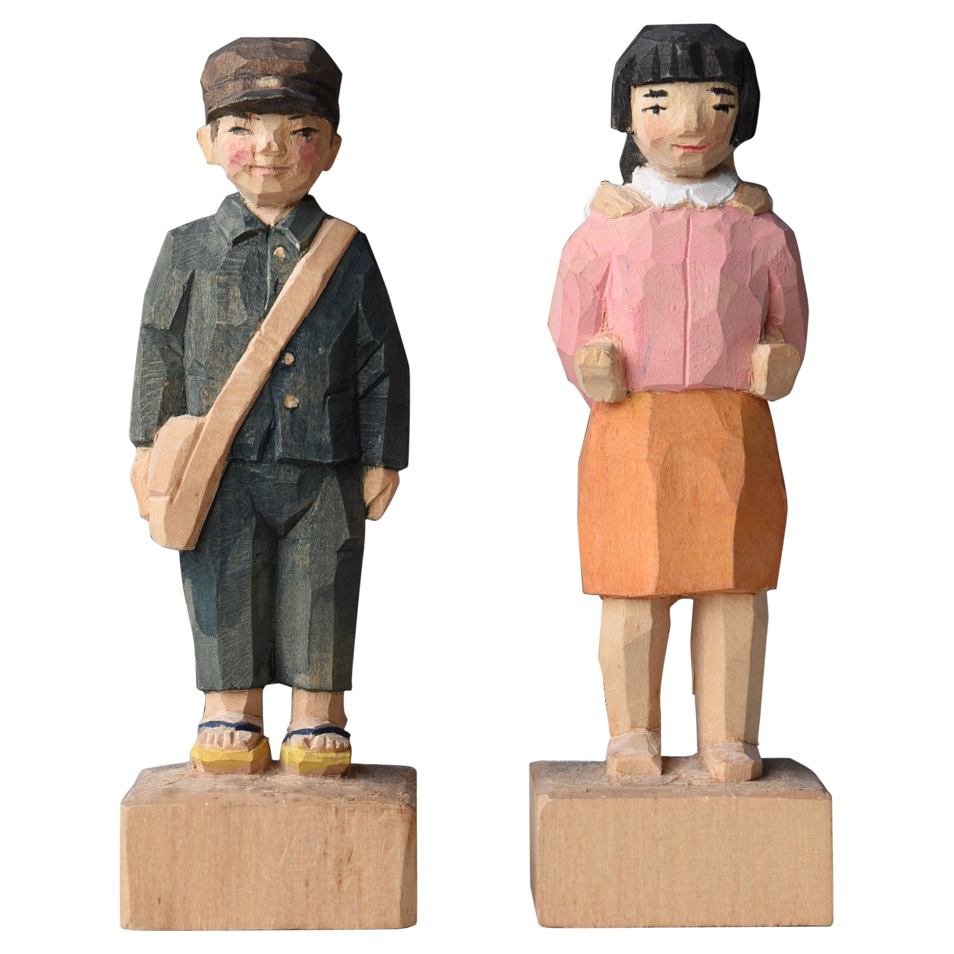 Japanese Old Wood Carving "Children" 1940s-1960s / Fork Art Wabi Sabi