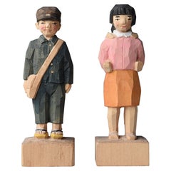 Vintage Japanese Old Wood Carving "Children" 1940s-1960s / Fork Art Wabi Sabi