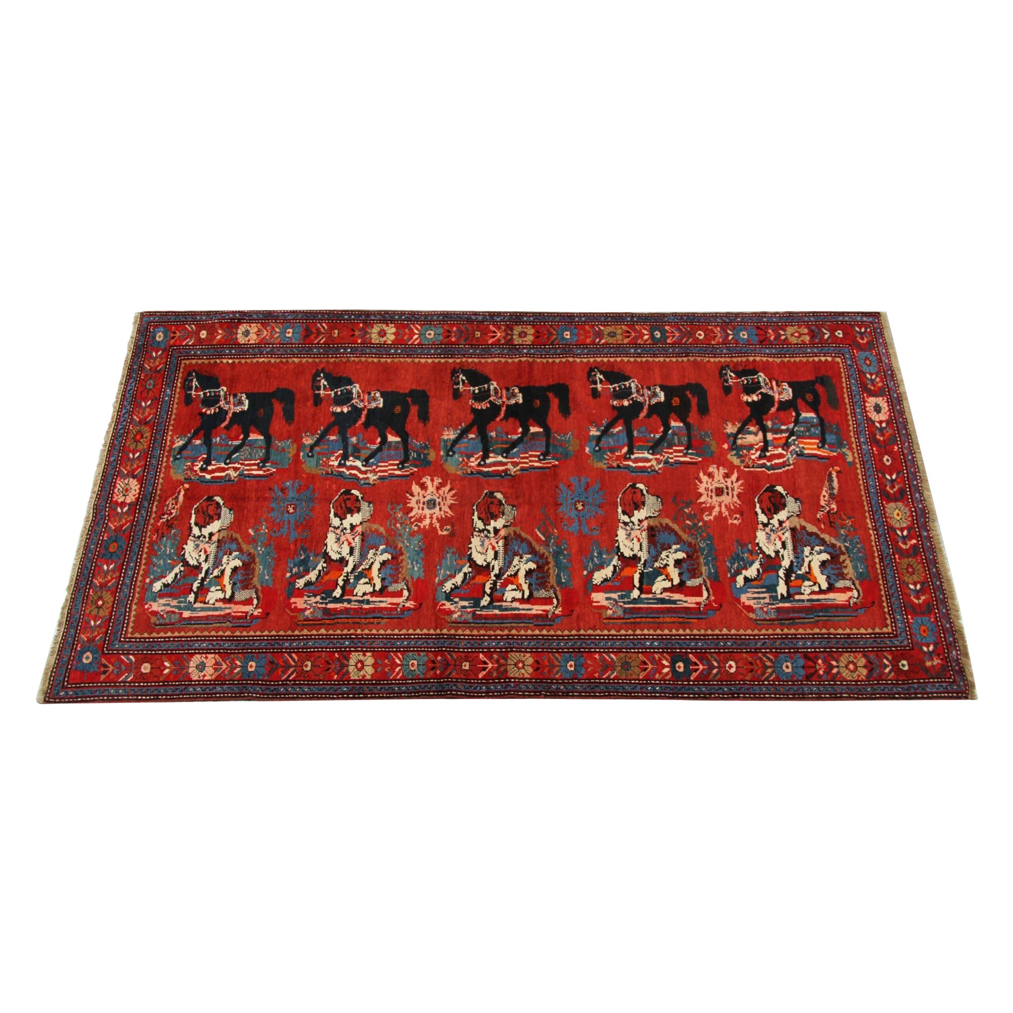 Antique Caucasian Karabagh & Red Tapestry Animal Handmade Carpet Pictorial Rug For Sale