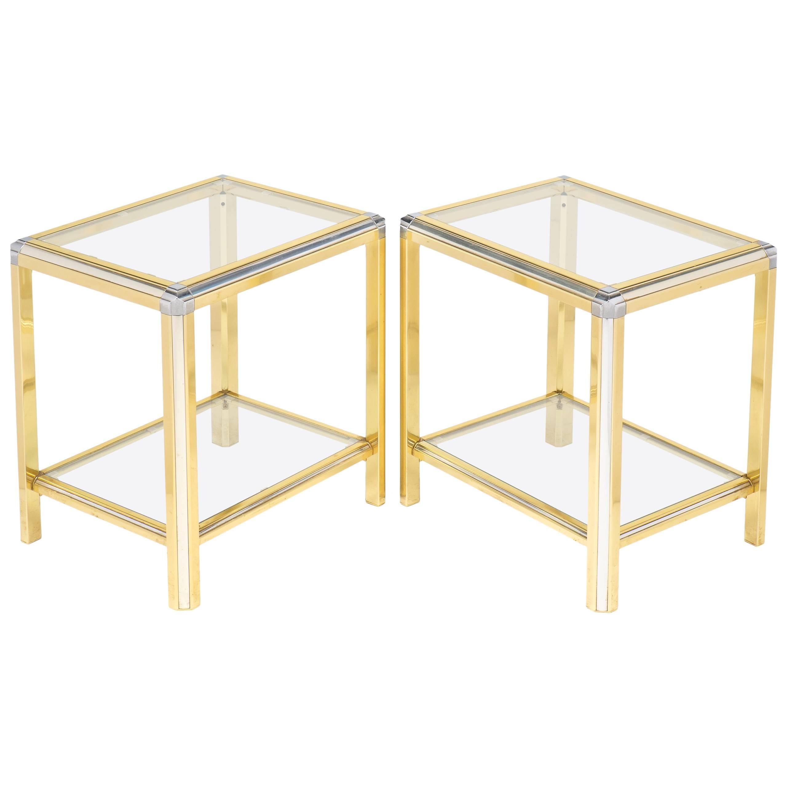 Pair of Vintage French Brass and Chrome Glass Top Side Tables