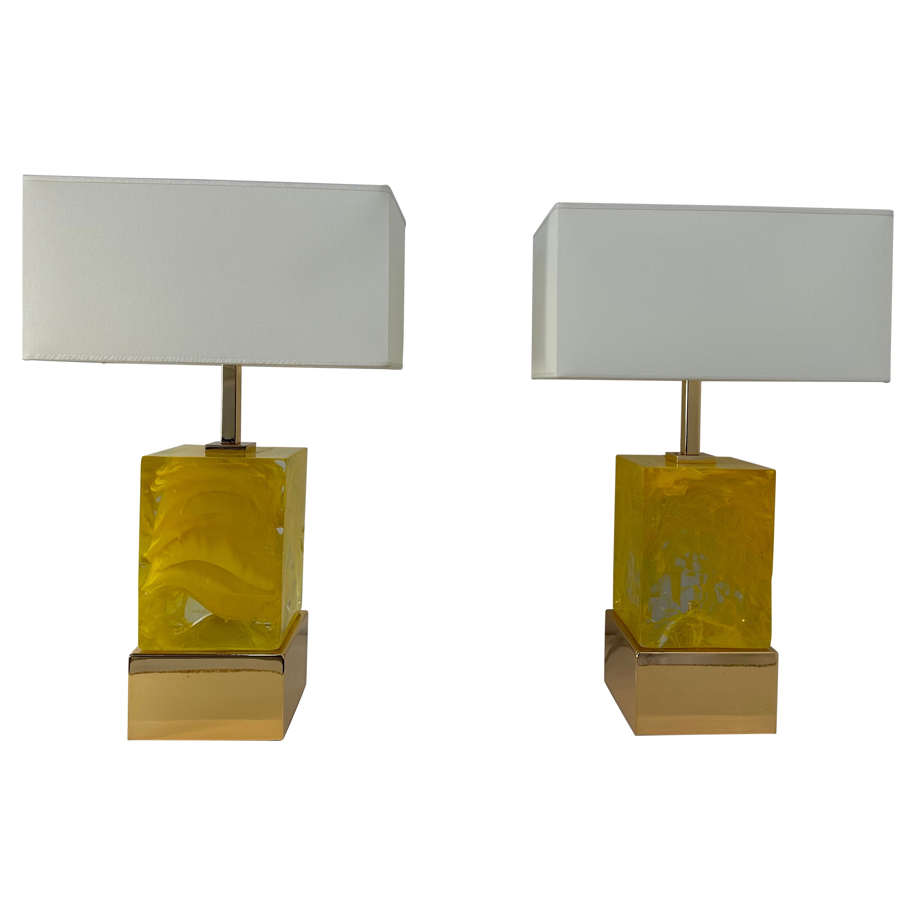 Pair of Italian Art Deco Style Yellow Murano Cube Glass Table Lamps  For Sale
