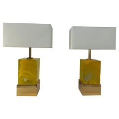 Paar italienische gelbe Murano-Würfelglas-Tischlampen im Art-déco-Stil 