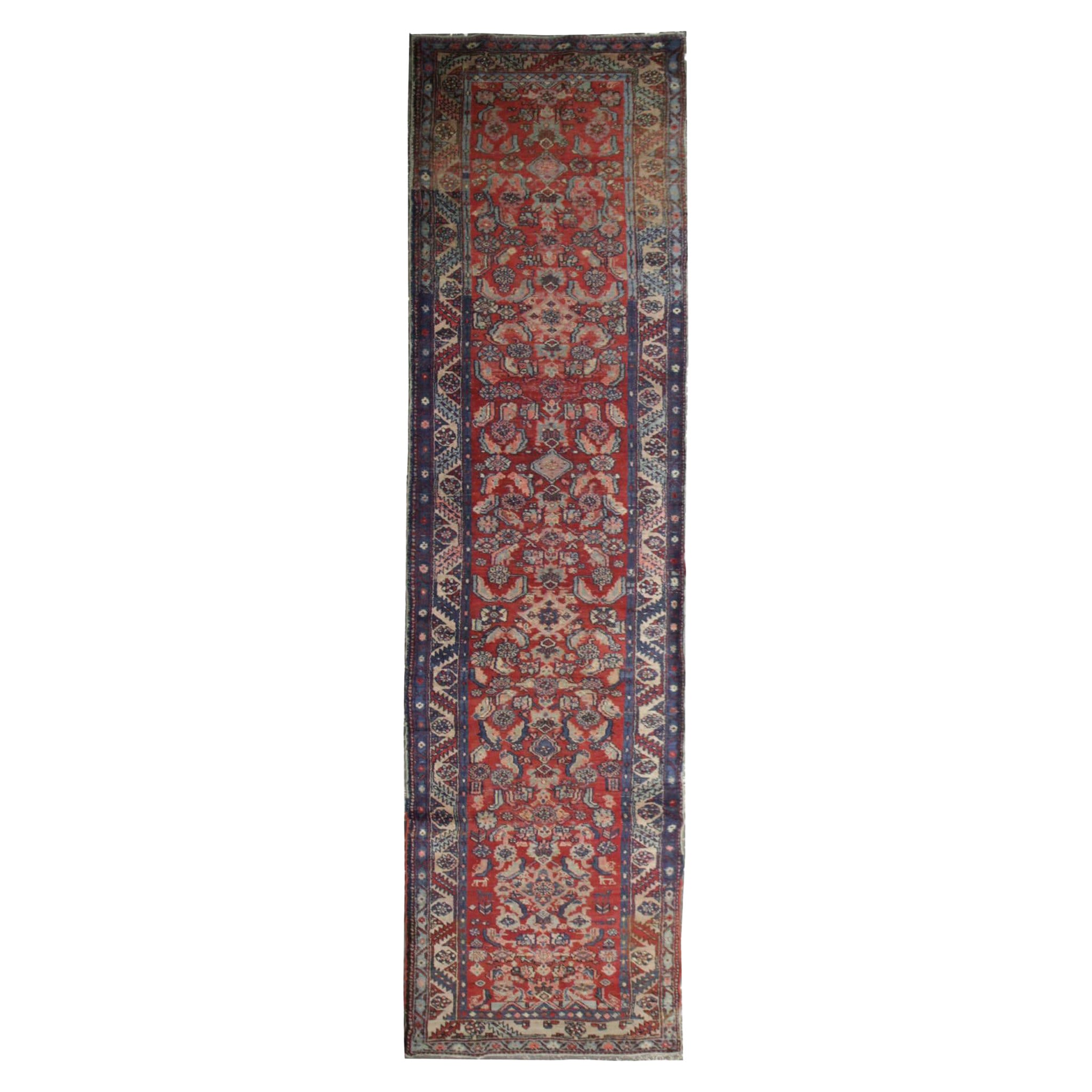 Vintage Runner Mahal Rug Handmade Carpet Harati Pattern Red Stair Runner For Sale