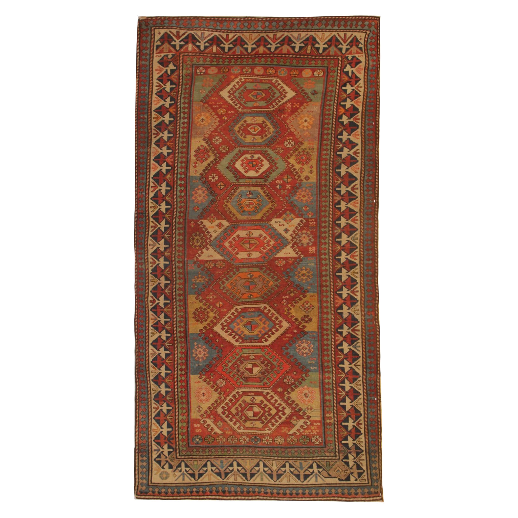Rare Antique Rugs Handmade Carpet Geometric Red Rugs Rich Traditional Kazak Rug For Sale