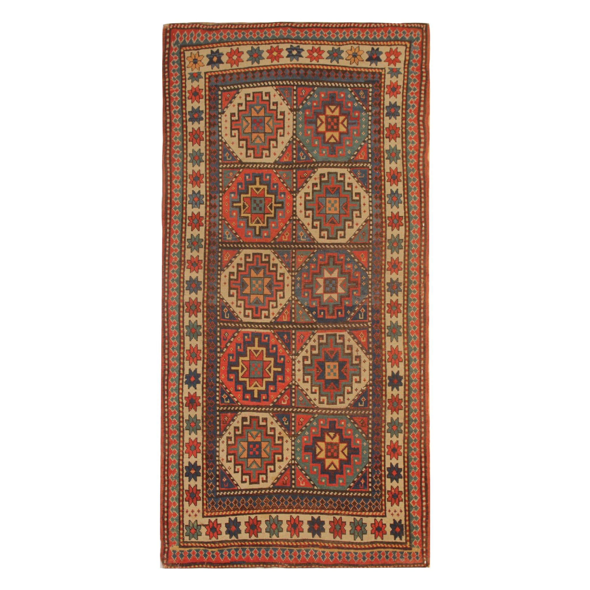 Seltener antiker kaukasischer Medaillon-Teppich Kaukasischer handgefertigter Teppich aus Kasachstan-Teppich im Angebot