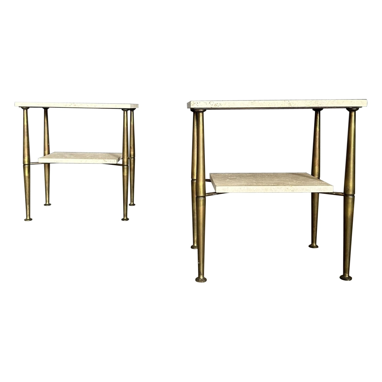 Pair of seventies bedside tables Italian manufacture brass and travertine marble For Sale