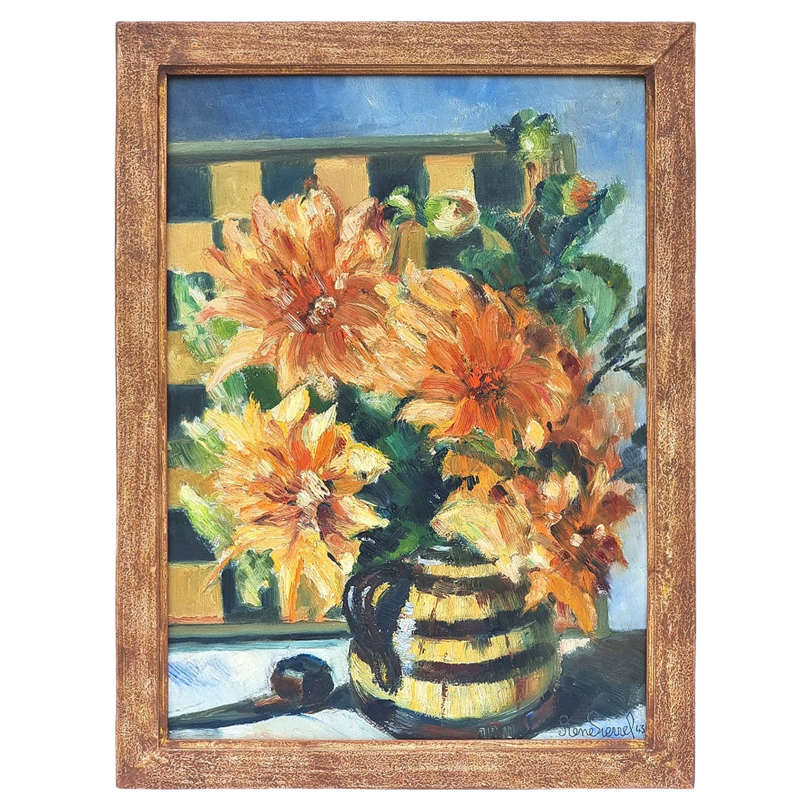 “Bouquet Of Peonies With A Pipe” By René Sierrel, Oil On Cardboard, circa 1943 For Sale