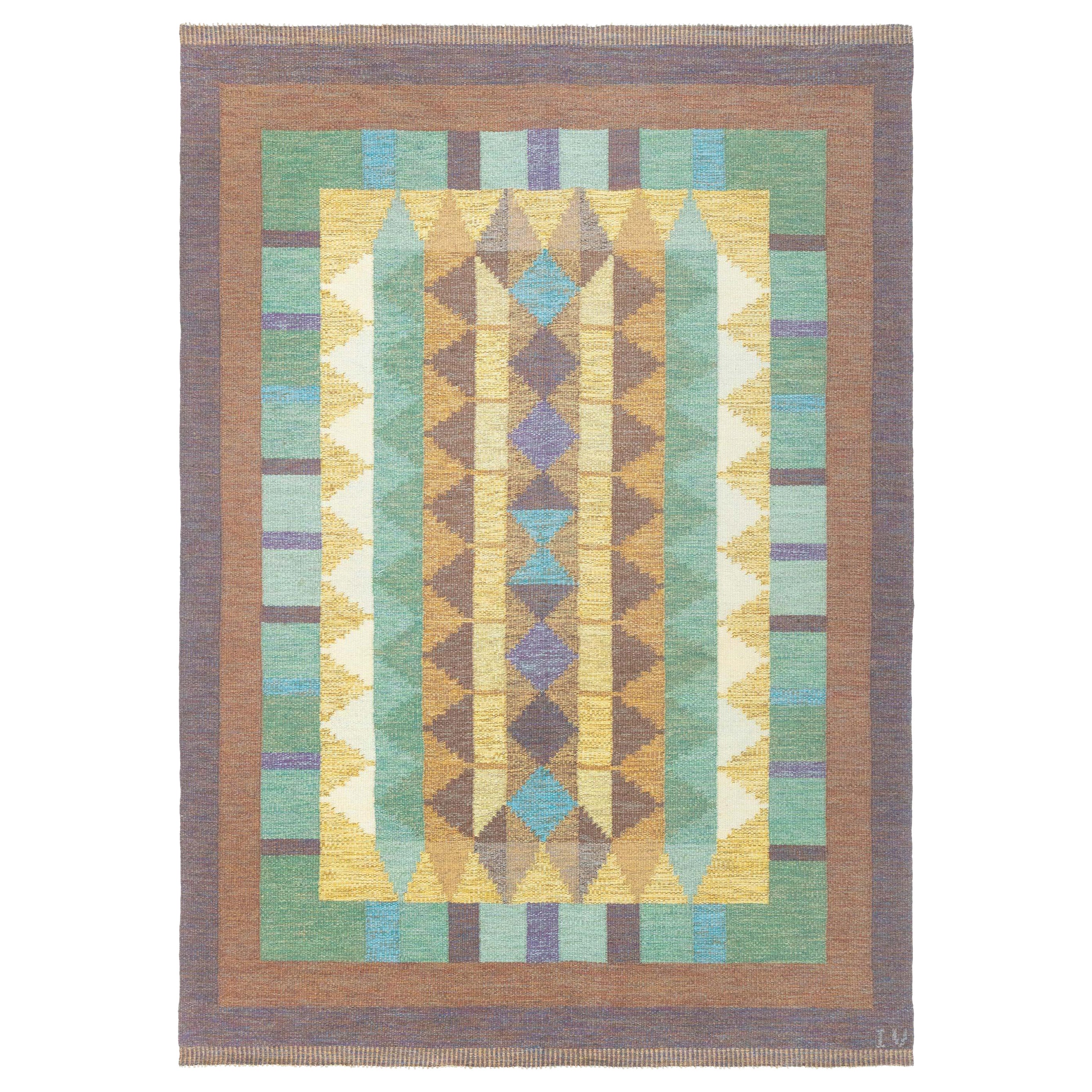 Vintage Swedish Flat Weave Rug Signed with Initials 'IV' For Sale