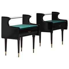 Used Sleek Black Italian Nightstands with Emerald Details - 1950s