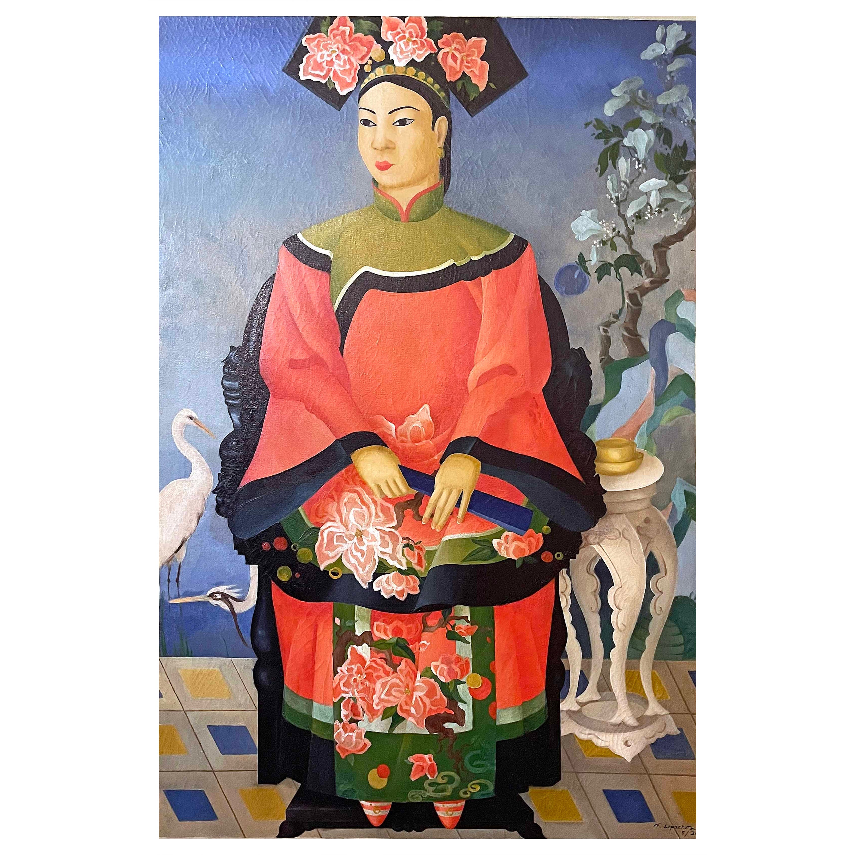 "Chinese Noblewoman w/ Lotus Flowers & Orchids", Art Deco Painting, Pink & Blue For Sale