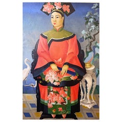 "Chinese Noblewoman w/ Lotus Flowers & Orchids", Art Deco Painting, Pink & Blue