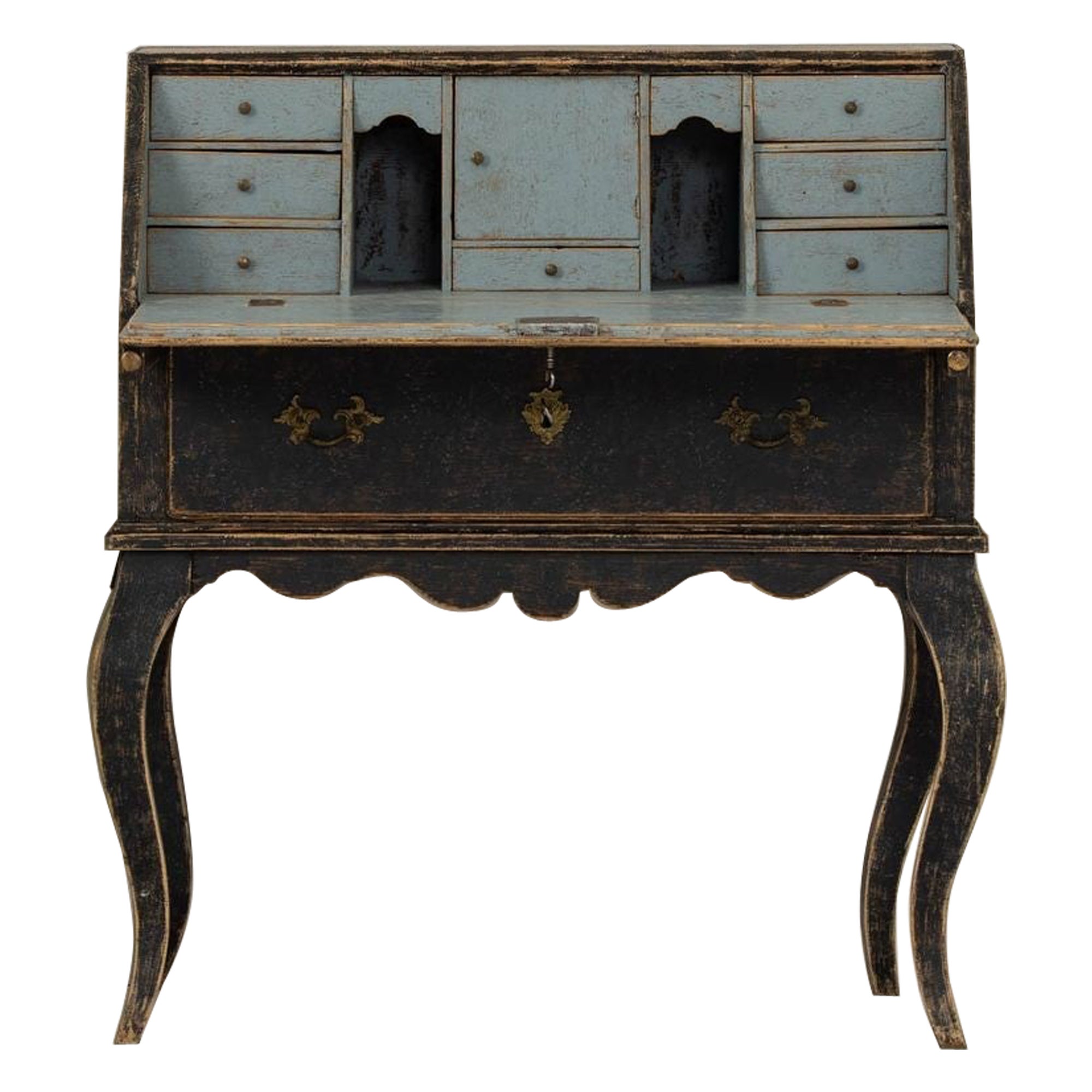 19th c. Swedish Rococo Painted Fall Front Desk For Sale