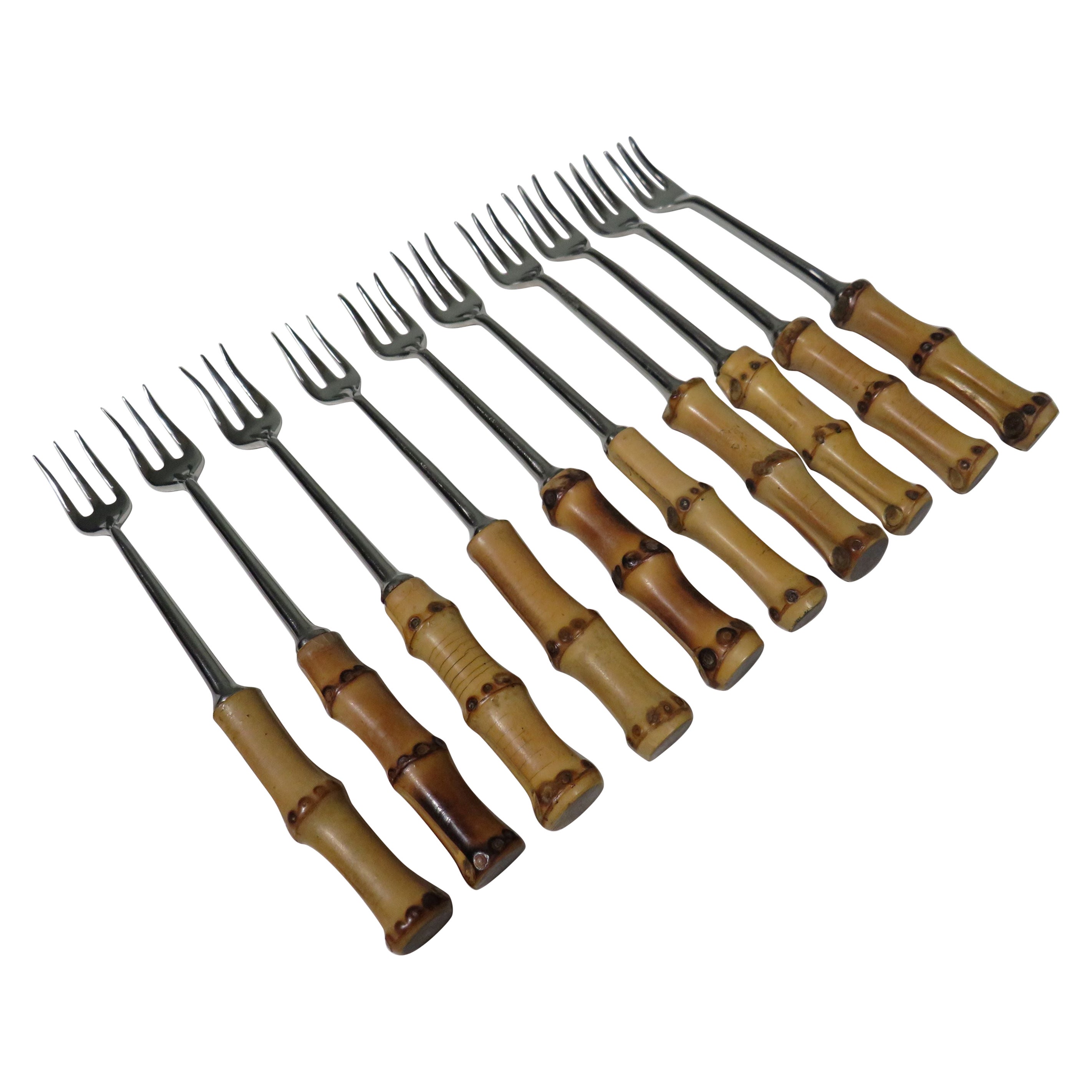 Set of 10 cocktail or pickle forks with bamboo handles, Germany 1950s For Sale