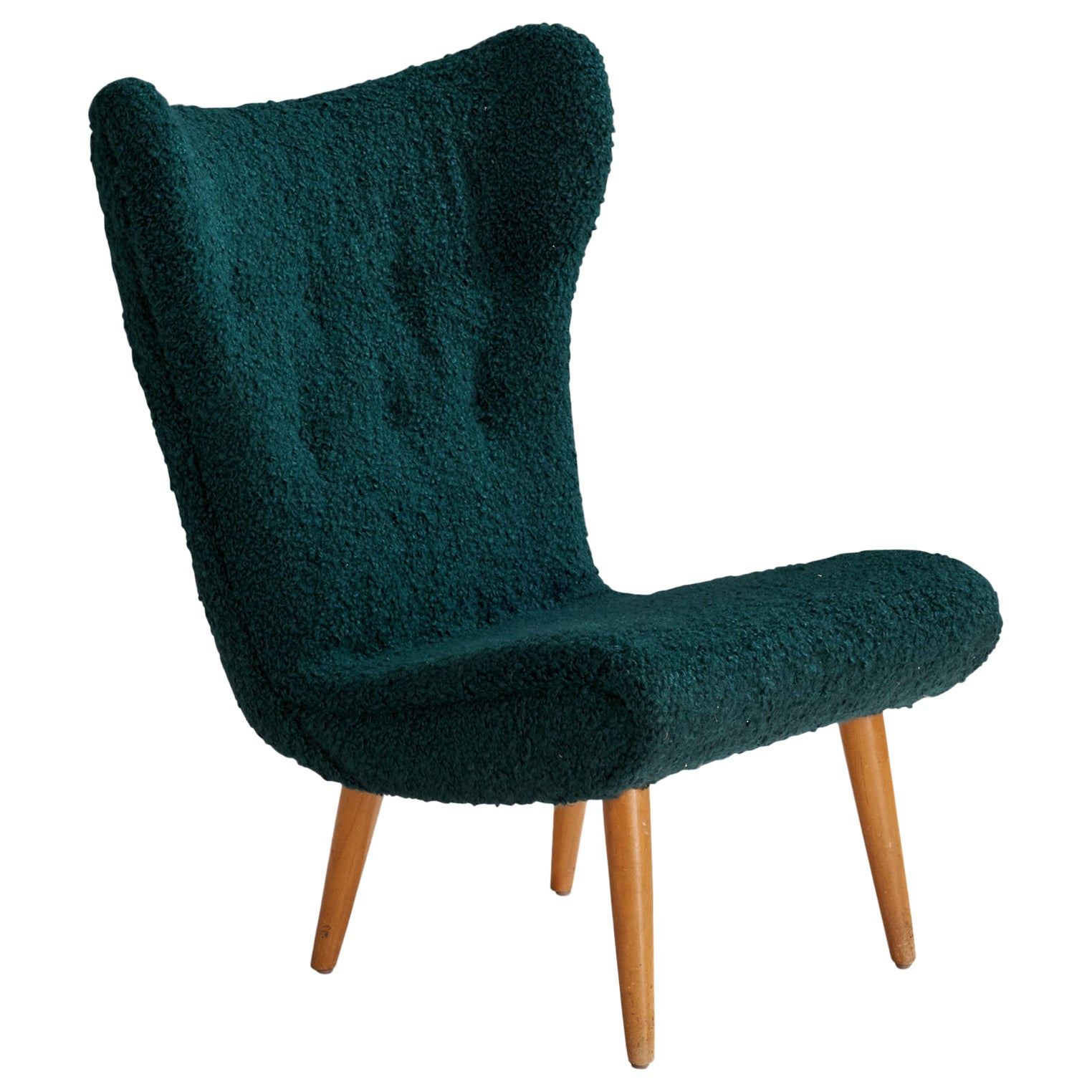 Swedish Designer, Slipper Chair, Wood, Fabric, Sweden, 1950s For Sale