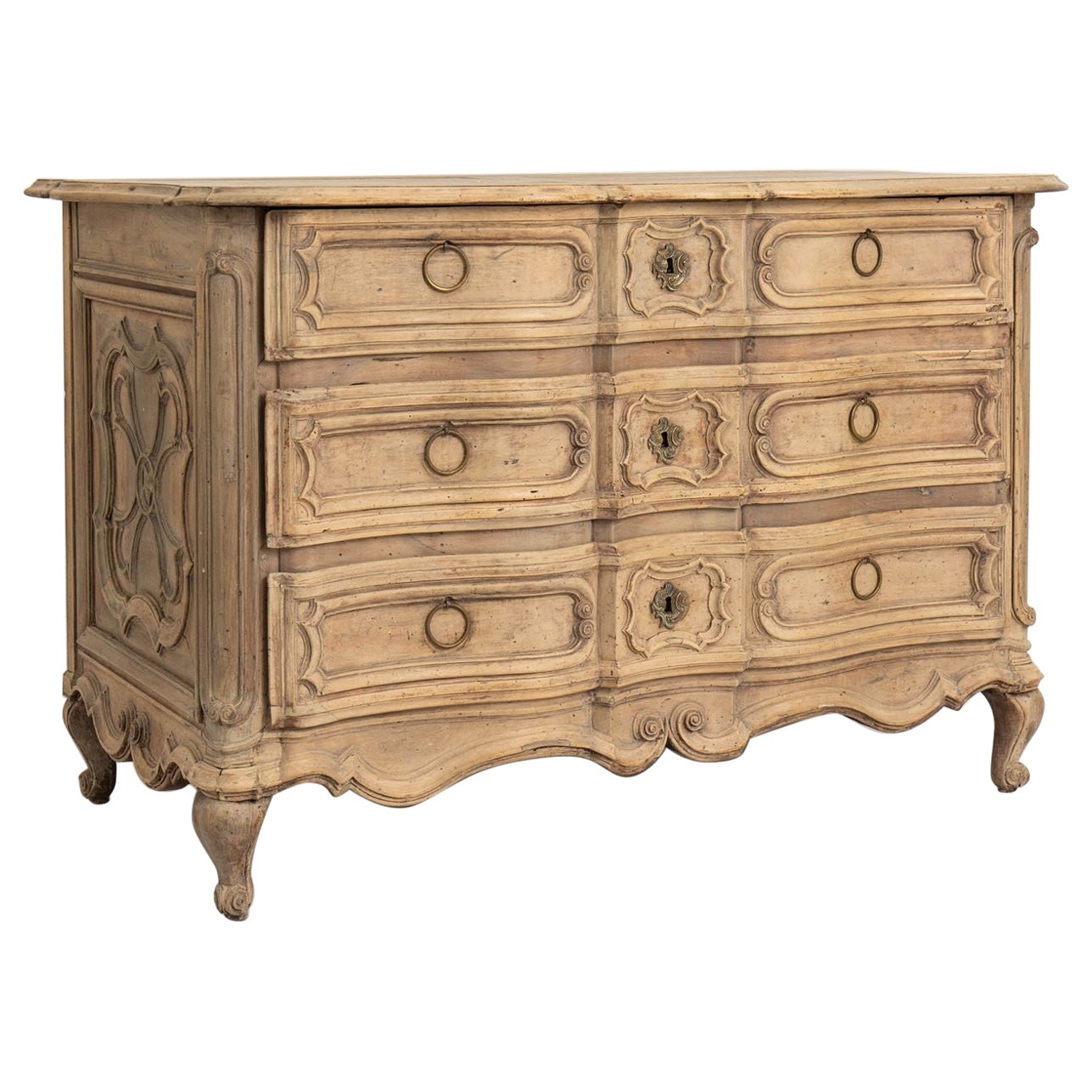 Large 18th c. French Bleached Walnut Louis XV Period Serpentine Commode For Sale