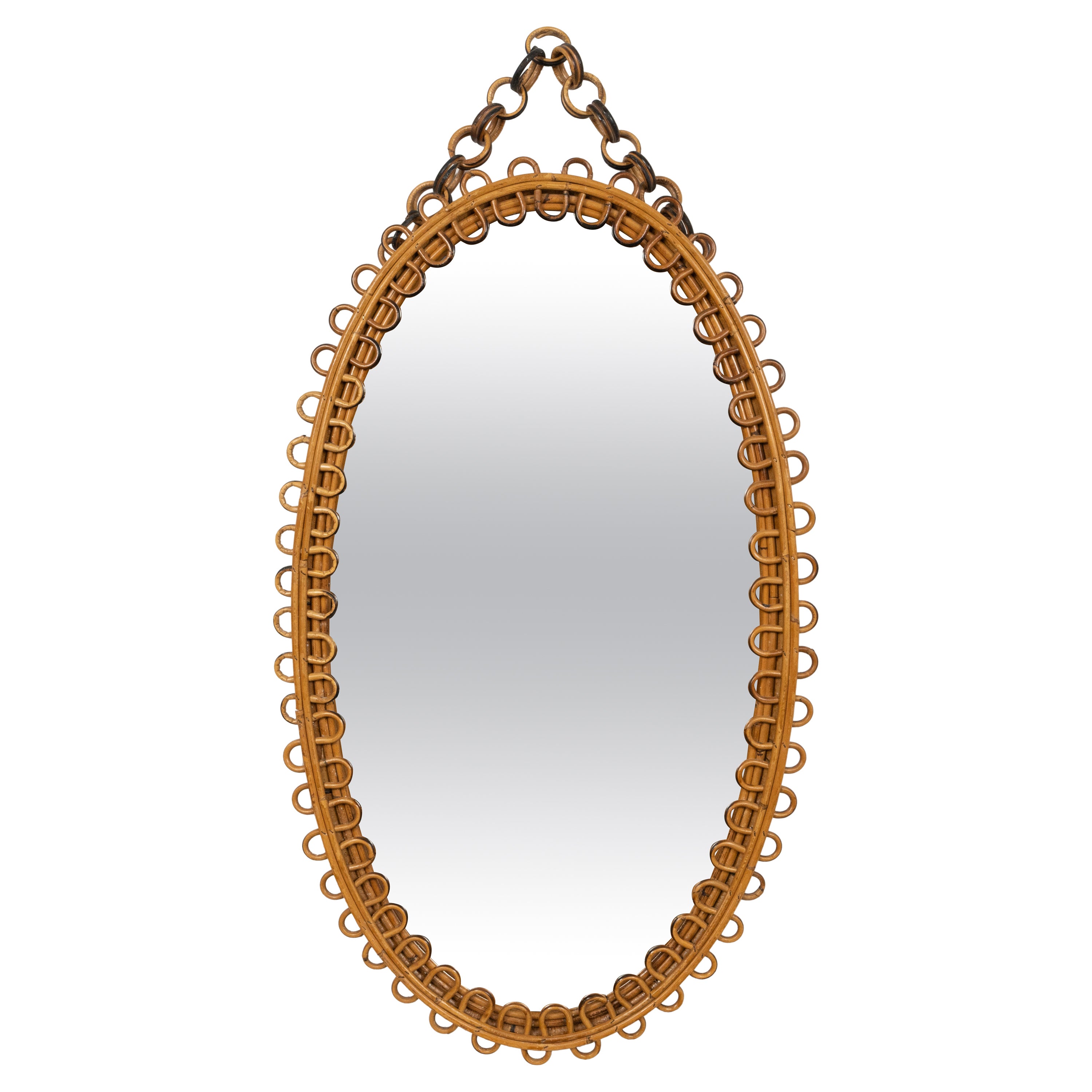 Rattan and Bamboo Oval Wall Mirror with Chain Franco Albini Style, Italy, 1960s
