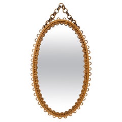 Vintage Rattan and Bamboo Oval Wall Mirror with Chain Franco Albini Style, Italy, 1960s