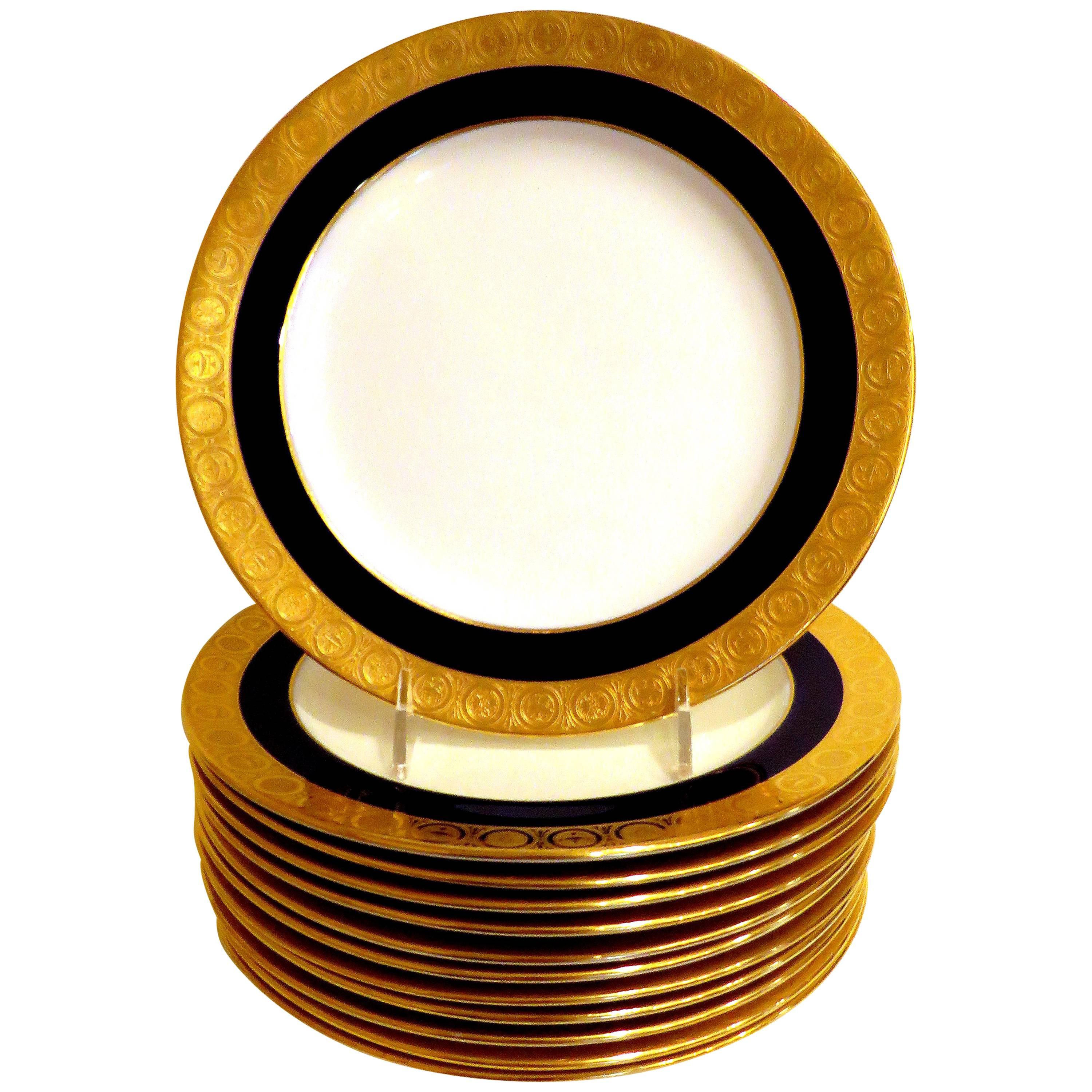12 Minton Porcelain Cobalt and Gold bordered Dinner Plates by Davis Collamore
