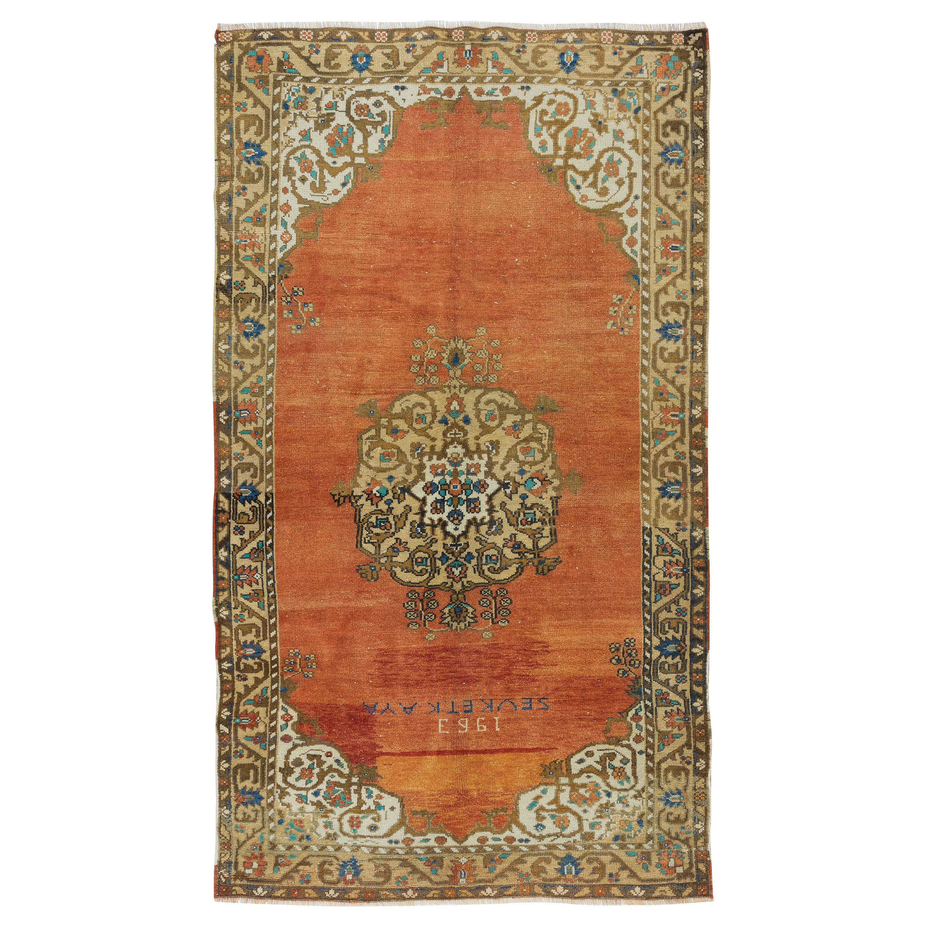 4.4x8 Ft 1963's Handmade Anatolian Oriental Rug in Red, Brown, Cream and Blue For Sale