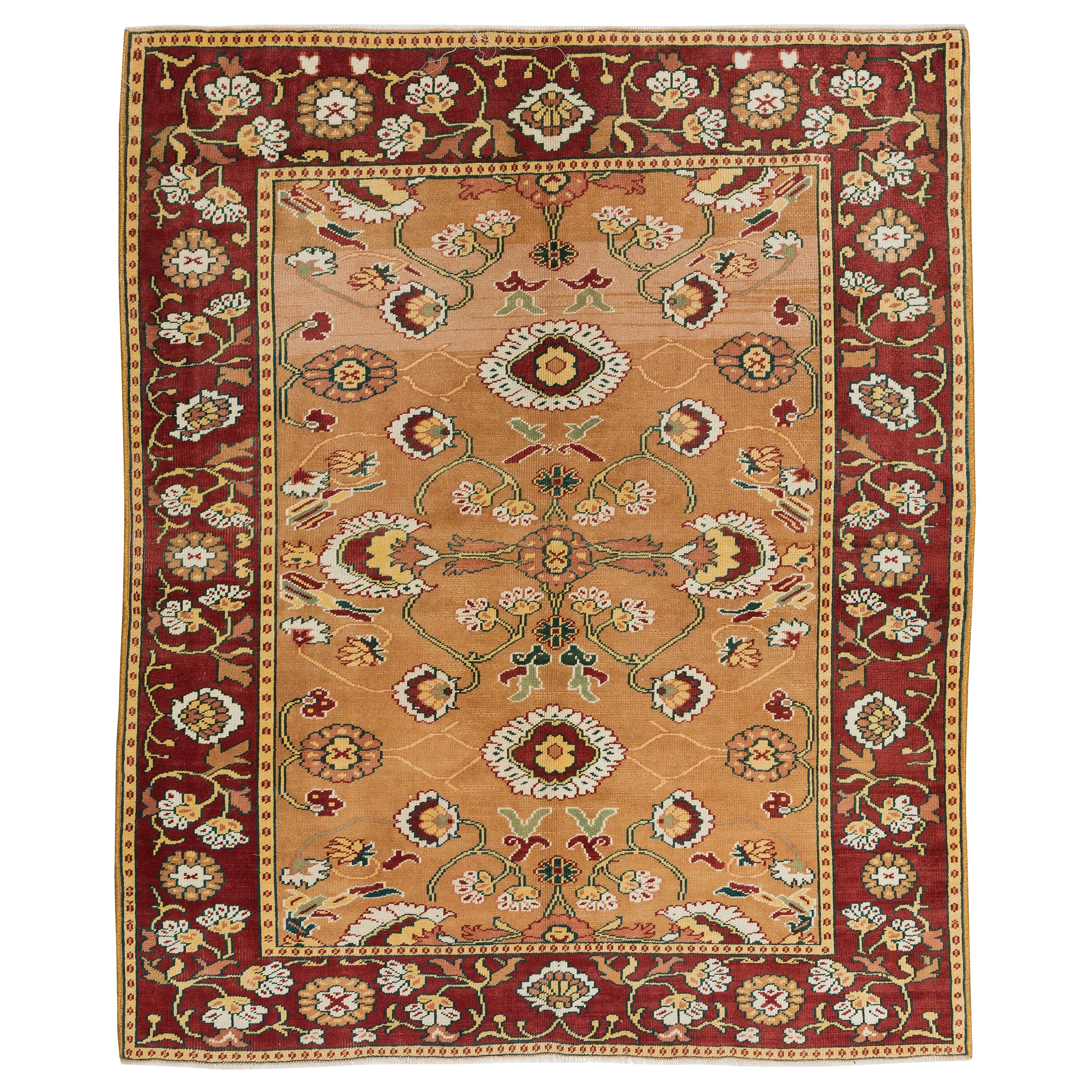 4,6x5.5 Ft Vintage Türkischer Teppich mit floralem Design, einzigartiger handgefertigter Teppich im Angebot