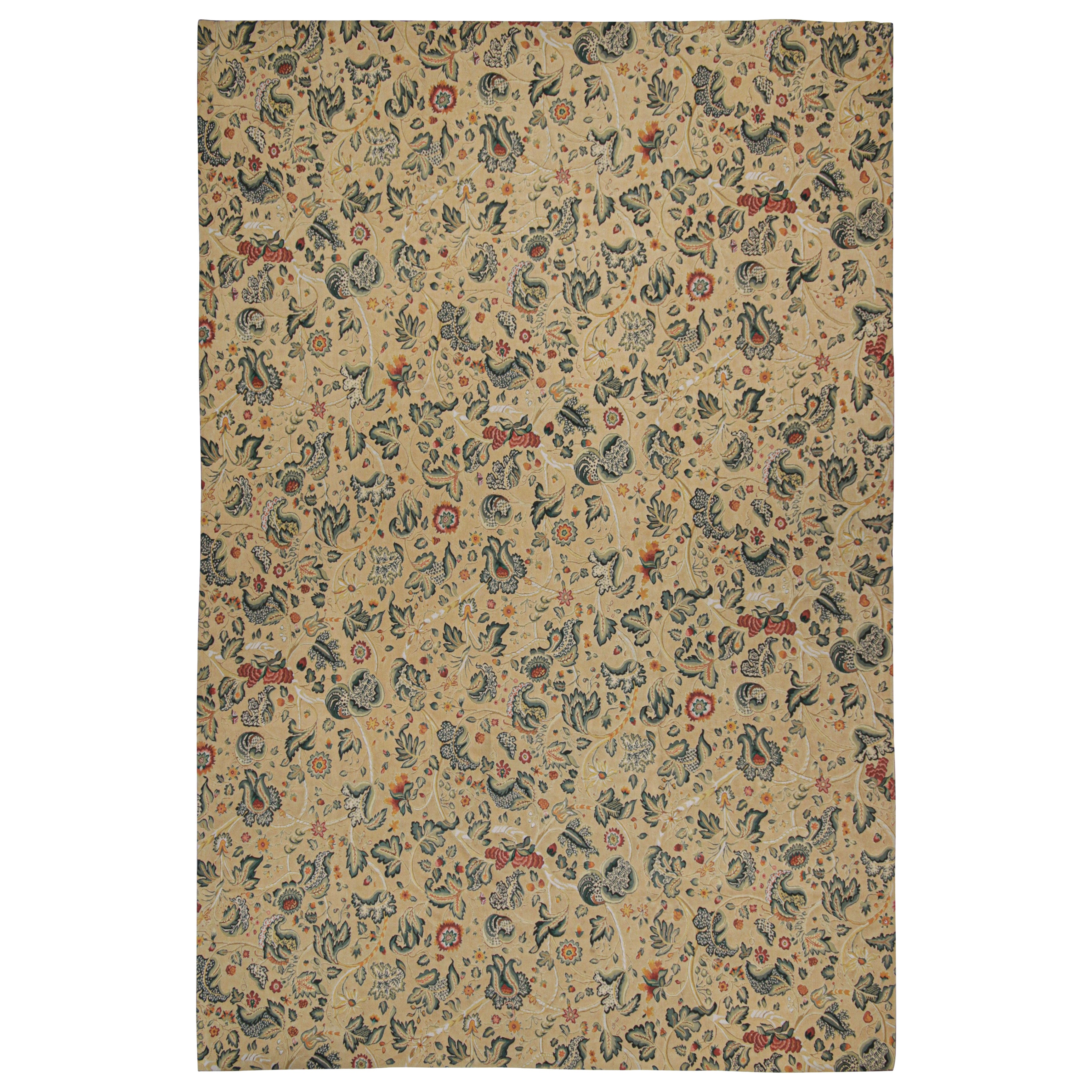 Chinese Rug & Kilim’s European Tudor Style Flatweave in Beige with Teal Floral Pattern For Sale