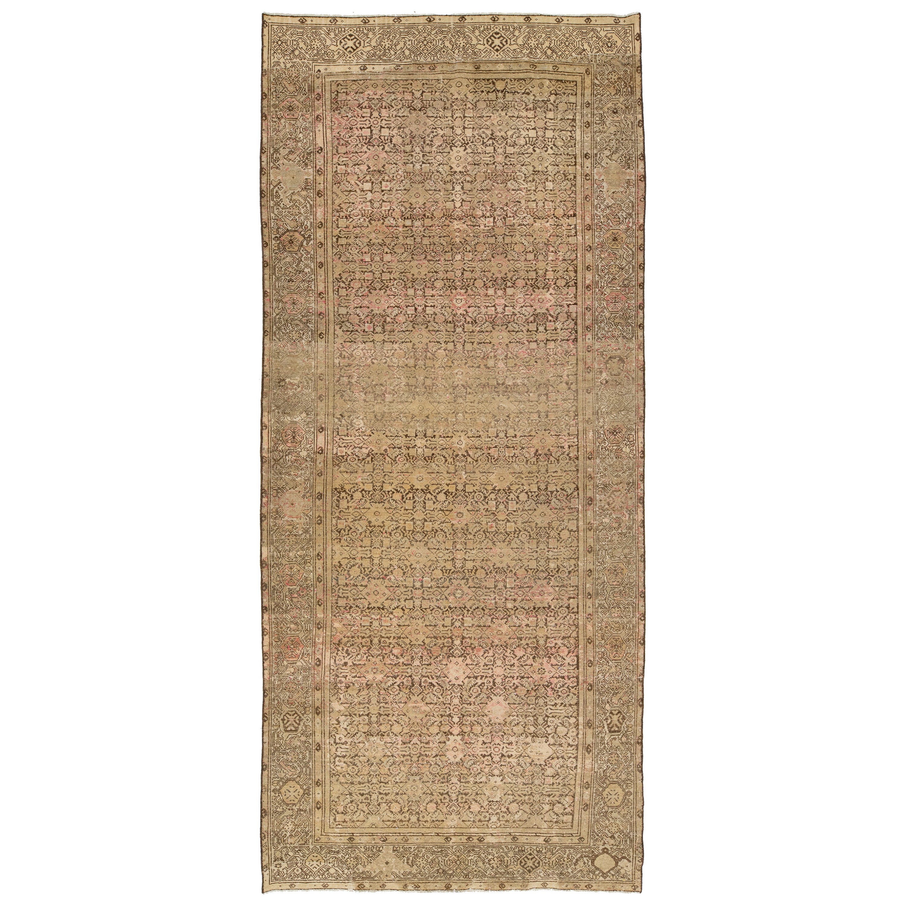 Tan Antique Malayer Wool Rug Handmade Allover Motif For Sale
