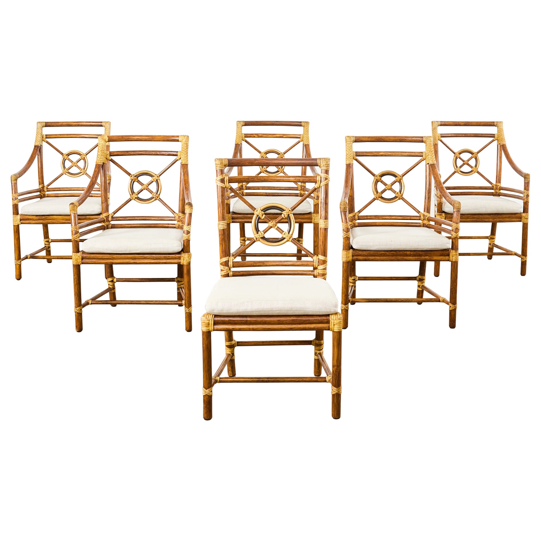 Set of Six McGuire Rattan Target Design Dining Chairs  For Sale