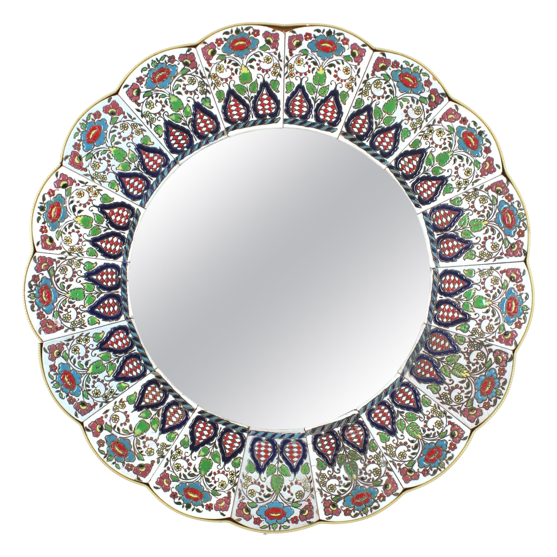 Ceramic Scalloped Mirror with Hand Painted Multi Color Foliage Floral Frame