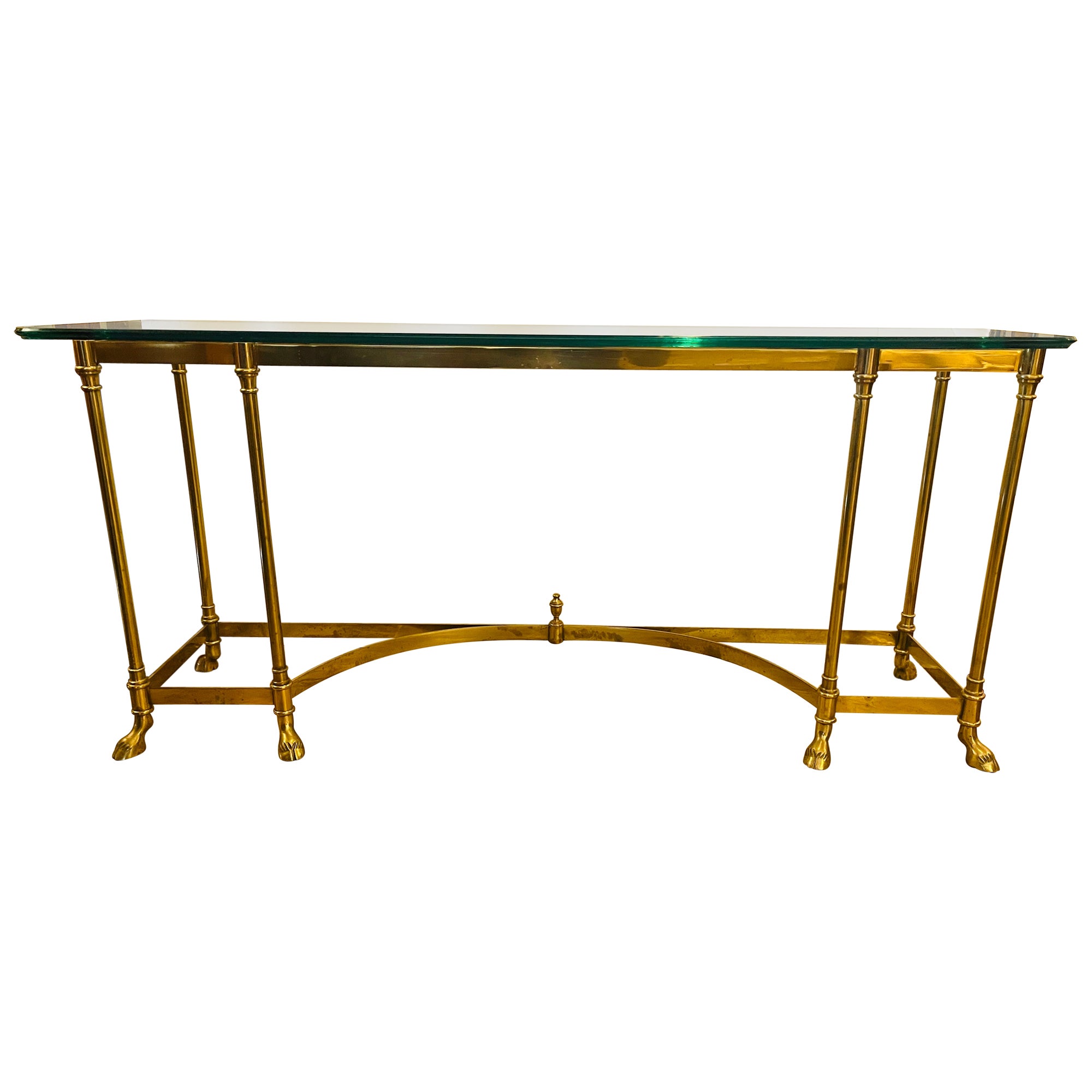 Mid Century Modern 1970s Maison Jansen Brass & Glass Console Table Hoof Feet